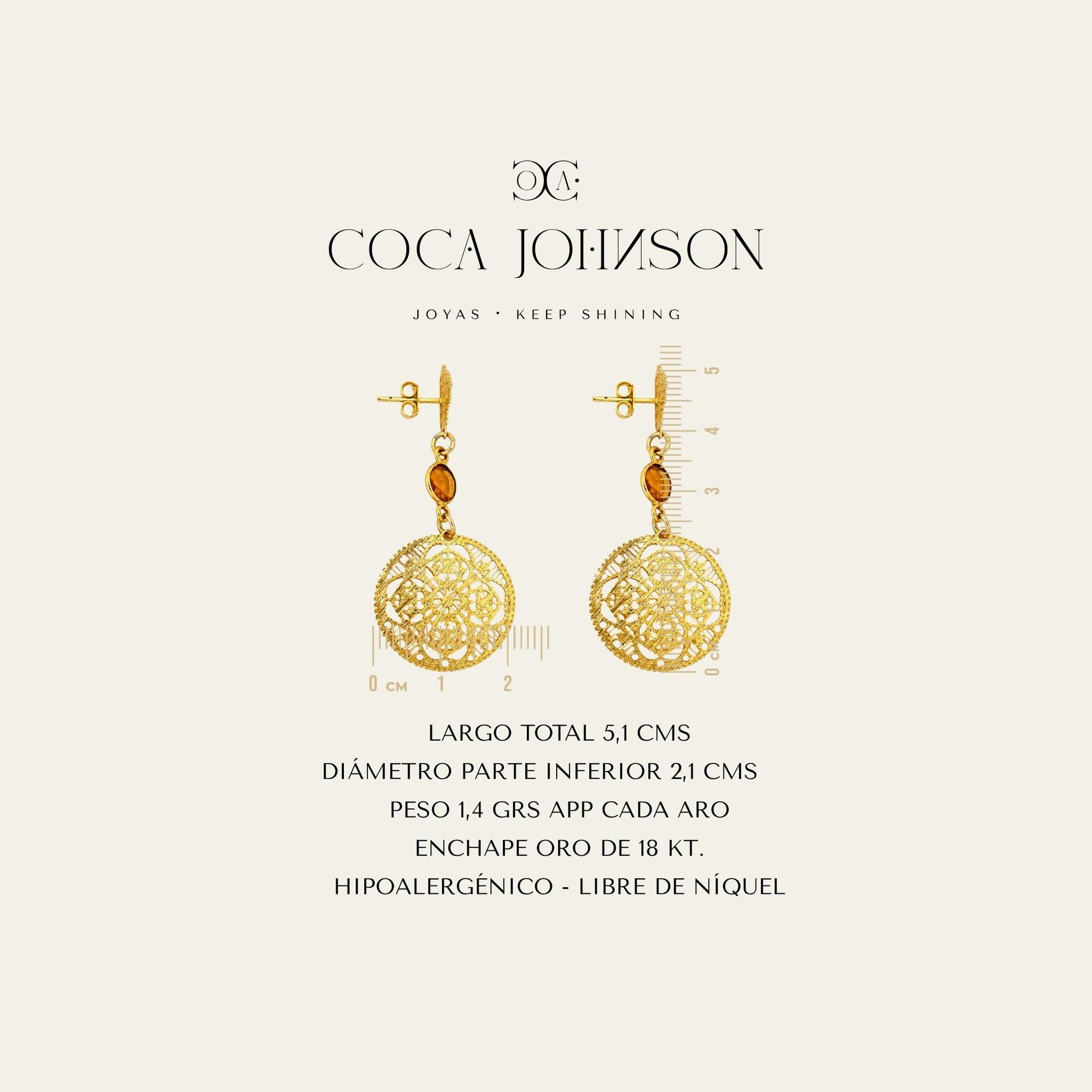 Aros con circunsferencias caladas y citirino R, enchapado en oro 18 kt, resumen de caracteristicas tecnicas - Coca Johnson Joyas - Chile