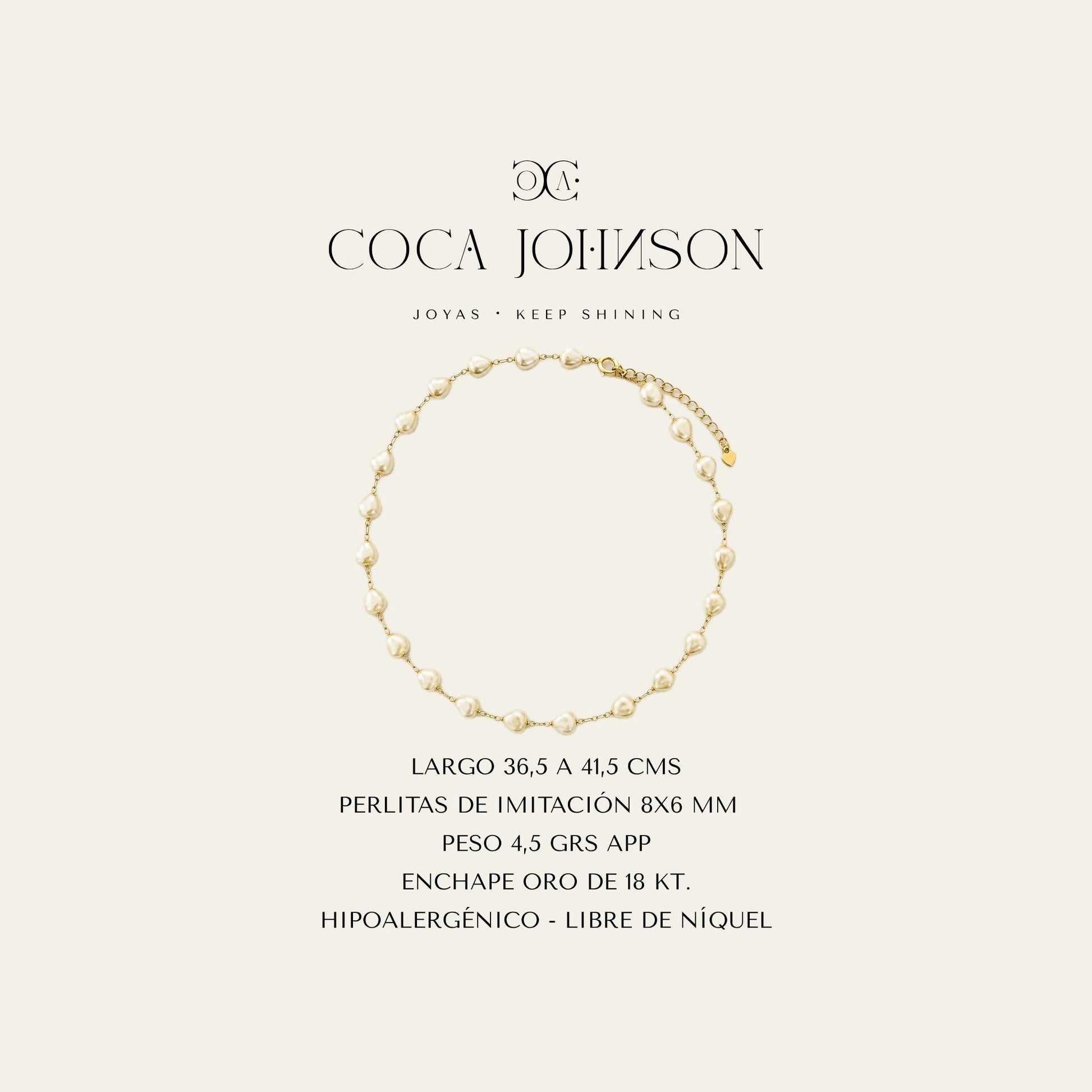 Choker enchapado en oro de 18 Kt con perlitas de fantasía  Ficha tecnica Resumen - Coca Johnson Joyas -Chile