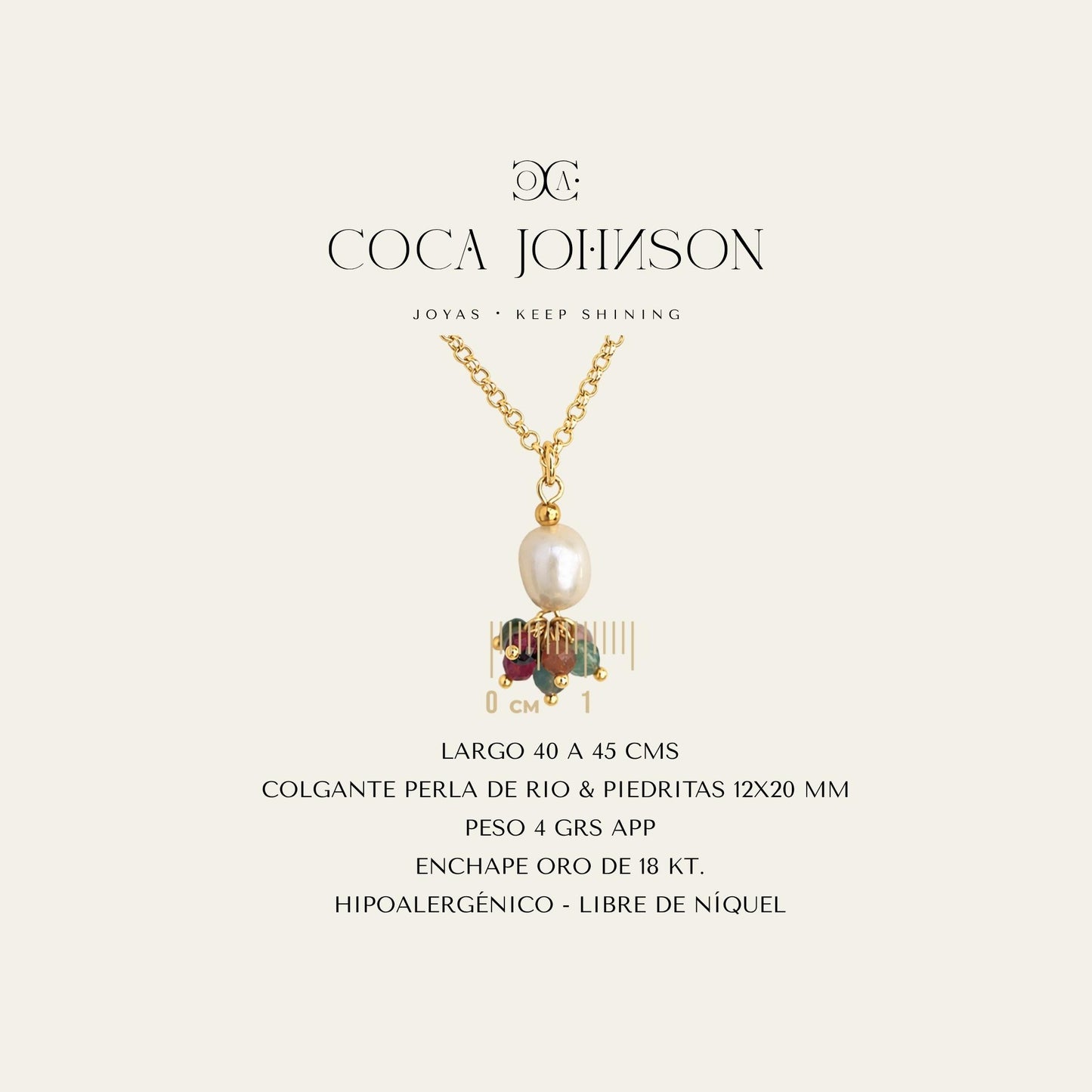Collar_cadena enchapada en oro 18 Kt, perla de rio y piedritas_Ficha Tecnica resumen - Coca Johnson Joyas - Chile