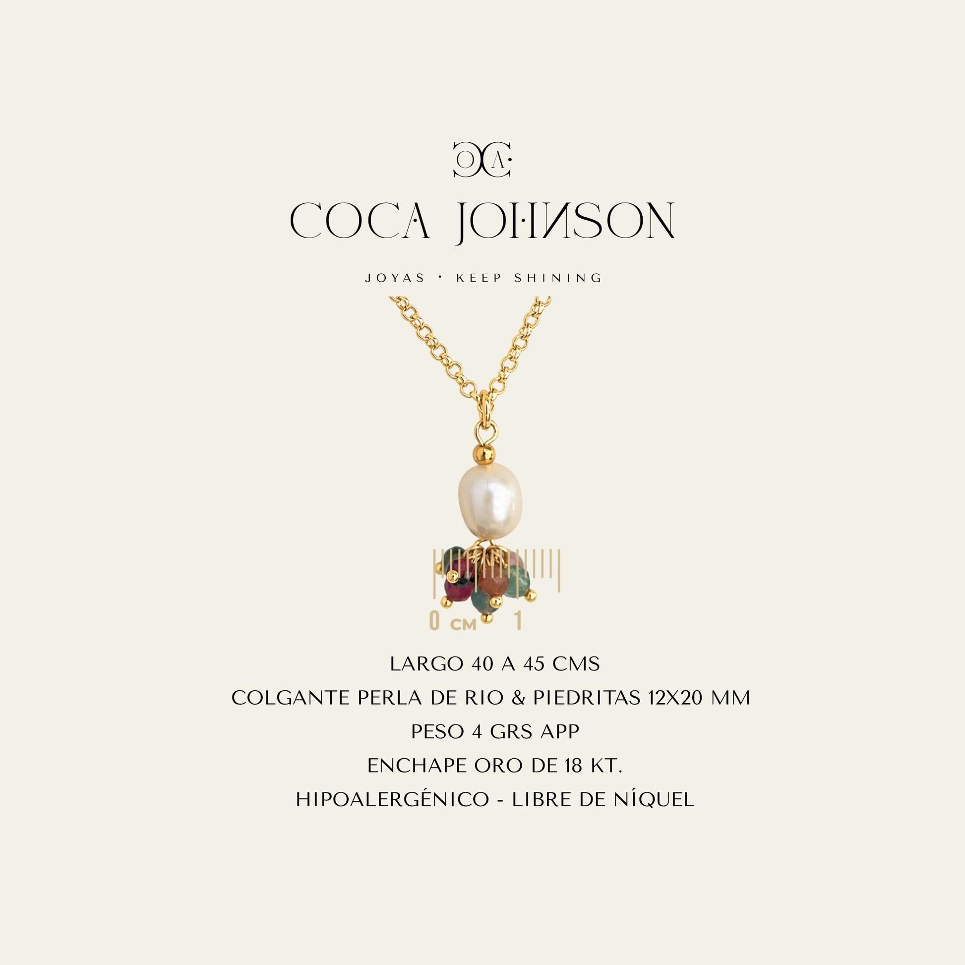 Collar_cadena enchapada en oro 18 Kt, perla de rio y piedritas_Ficha Tecnica resumen - Coca Johnson Joyas - Chile