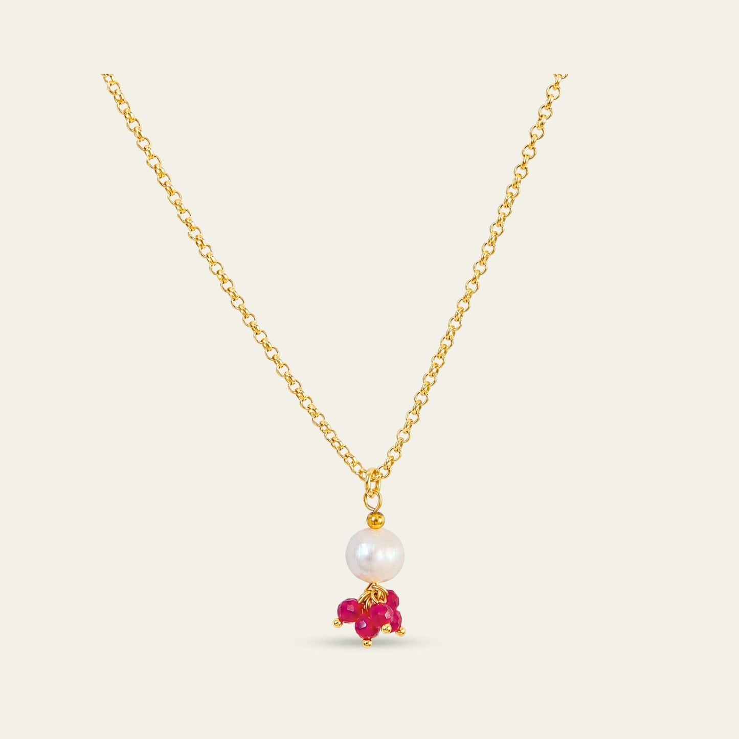 Collar enchape oro 18k con perla de rio y piedras rojo -  Coca Johnson Joyas - Chile