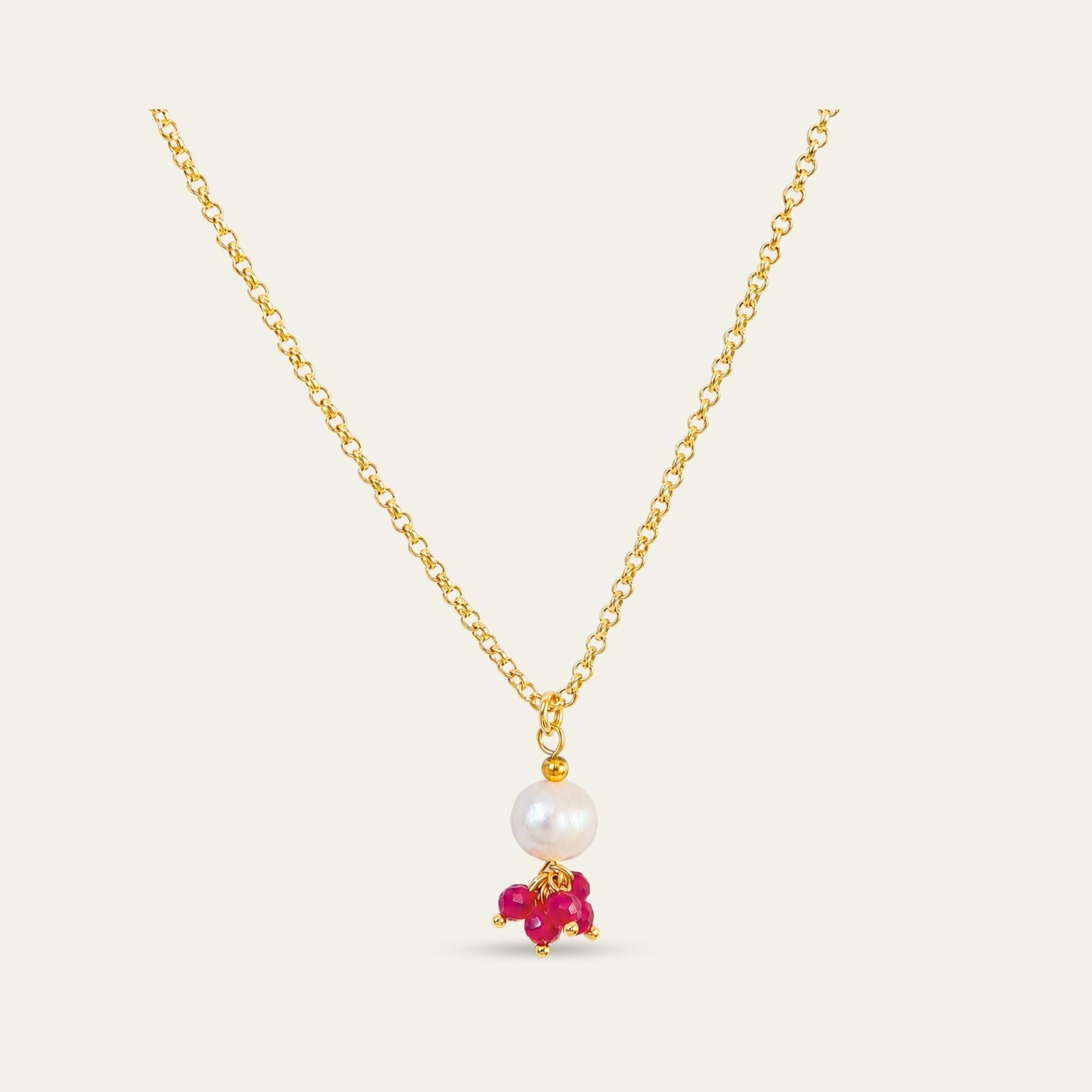 Collar enchape oro 18k con perla de rio y piedras rojo -  Coca Johnson Joyas - Chile