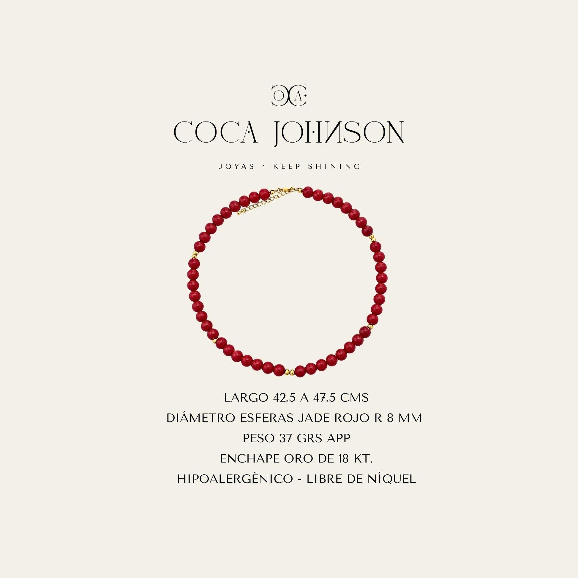 Collar con jade r rojo y esferasenchapado en oro de 18 kt, ficha tecnica resumen -  Coca Johnson Joyas - Chile