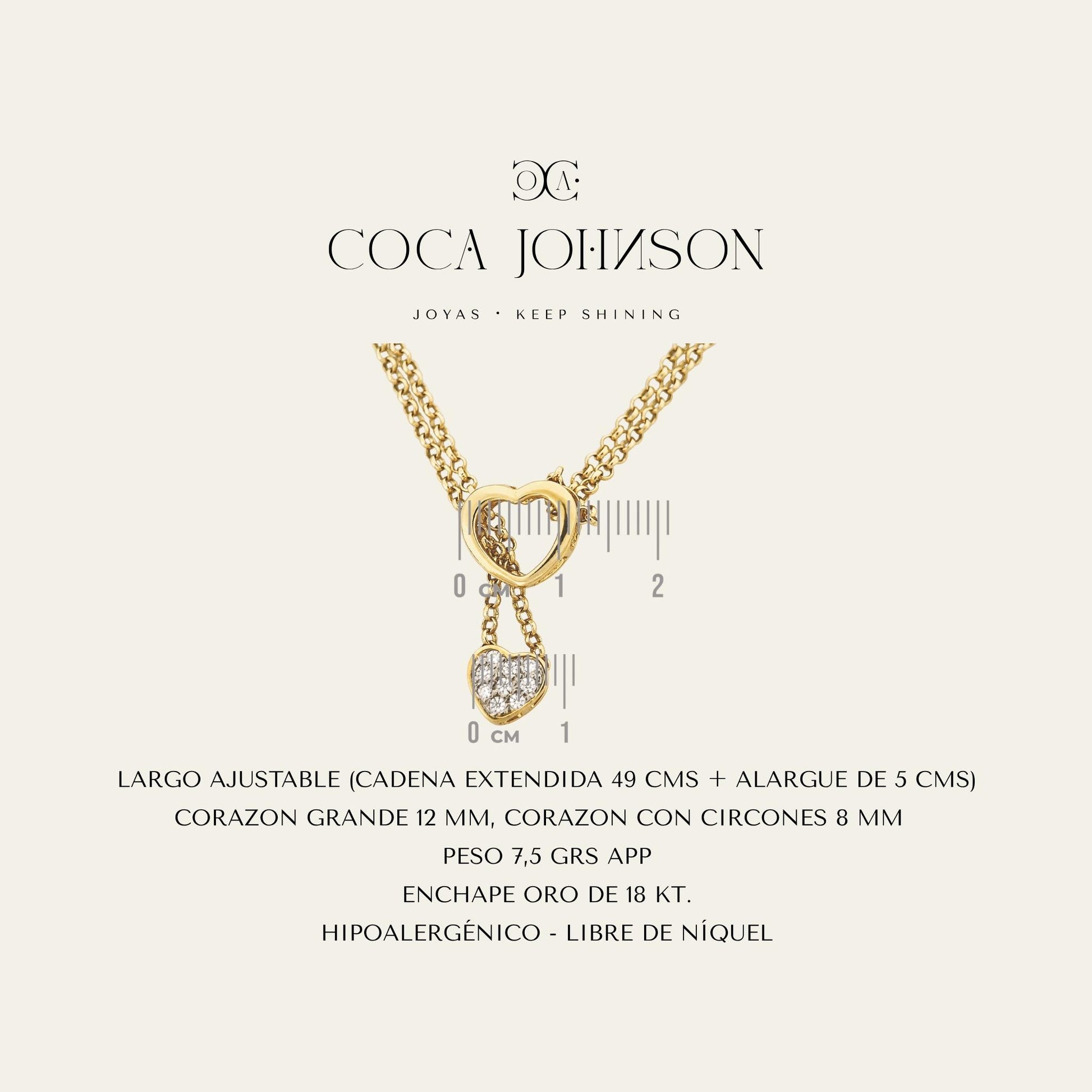 Collar con doble corazón y circones, enchapado en oro 18 kt ficha tecnica resumen - Coca Johnson Joyas - Chile