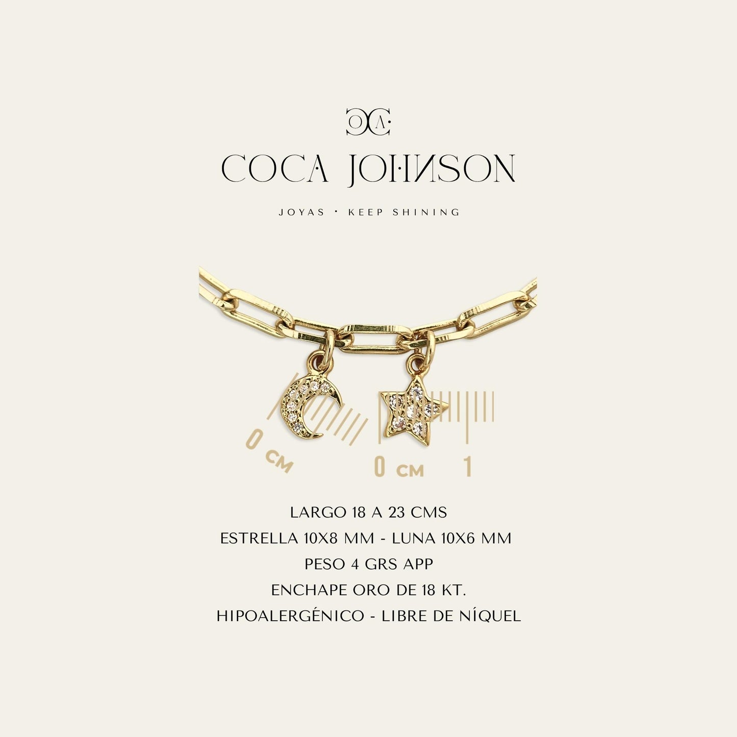 Pulsera de eslabones con colgante de luna y estrella con circones, enchapada en oro 18kt, ficha tecnica resumen - Coca Johnson Joyas - Chile
