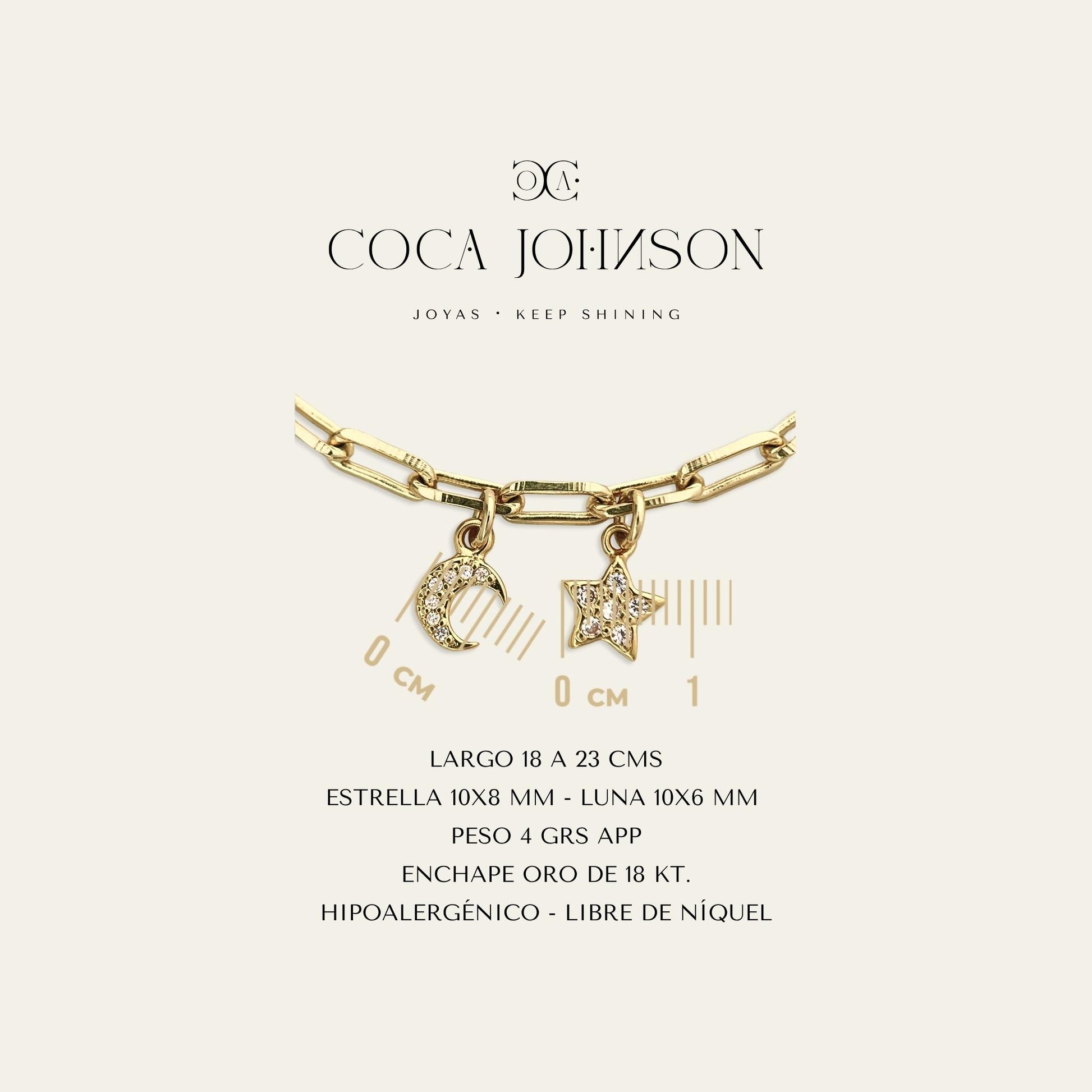 Pulsera de eslabones con colgante de luna y estrella con circones, enchapada en oro 18kt, ficha tecnica resumen - Coca Johnson Joyas - Chile