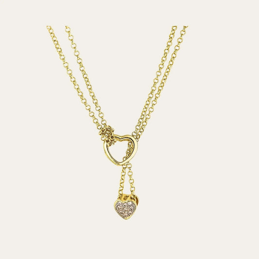 Collar doble con doble corazón, enchapado en oro y circones