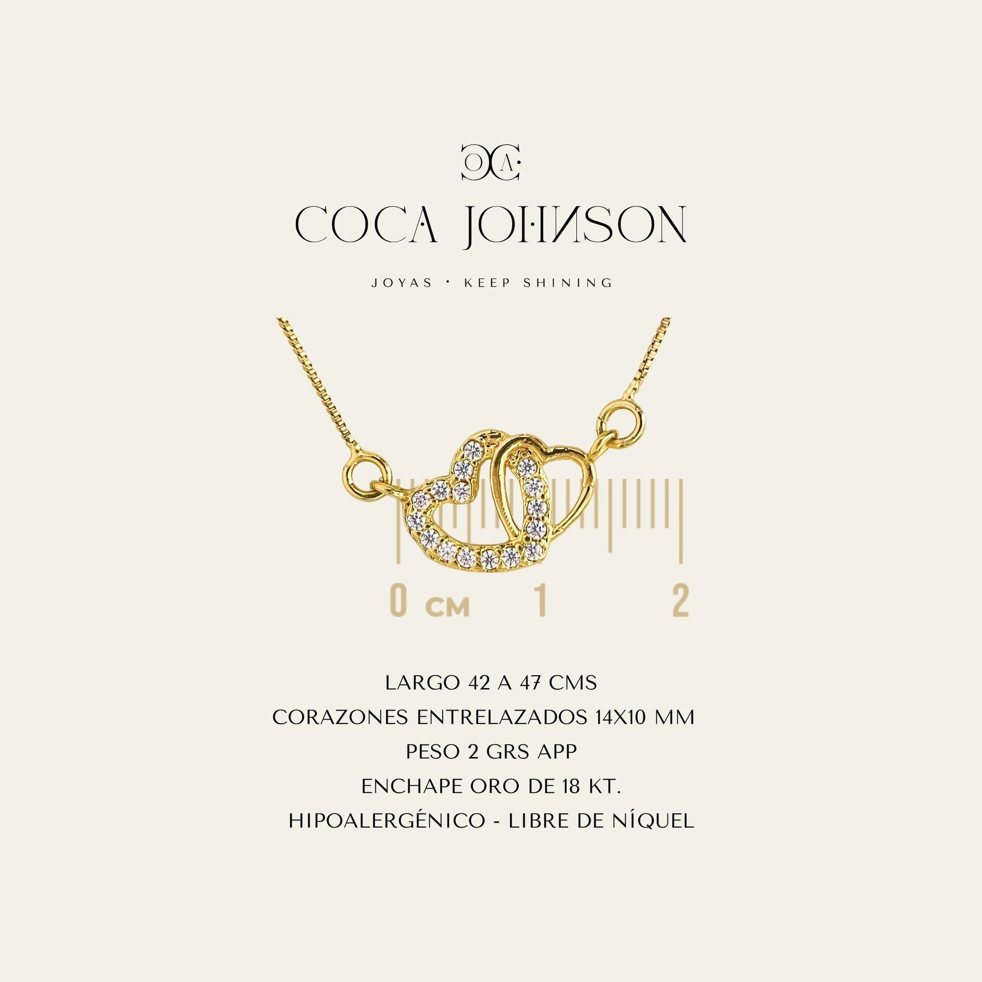 Collar de corazones entrelazados, con circones, enchapados oro 18kt, ficha tecnica resumen - Coca Johnson Joyas - Chile