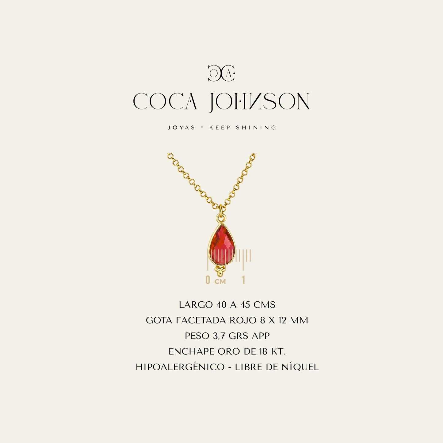 Collar_cadena enchapada en oro 18 Kt, gota facetada roja_Ficha Tecnica resumen - Coca Johnson Joyas - Chile
