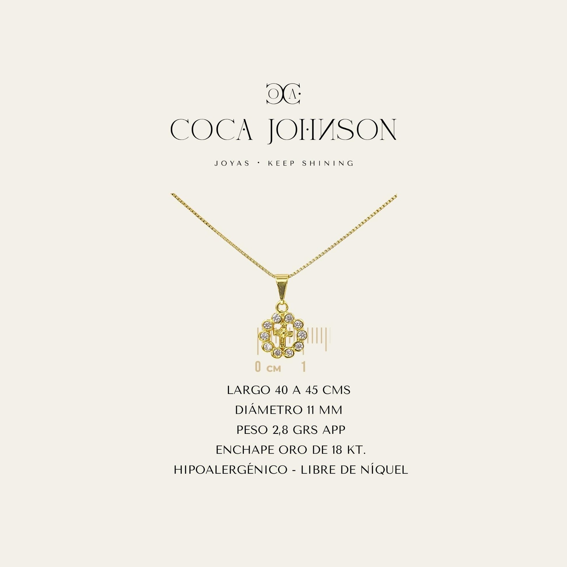 Collar_cadena enchapada en oro 18 Kt, colagante con cruz rodeada de circones_Ficha Tecnica resumen - Coca Johnson Joyas - Chile