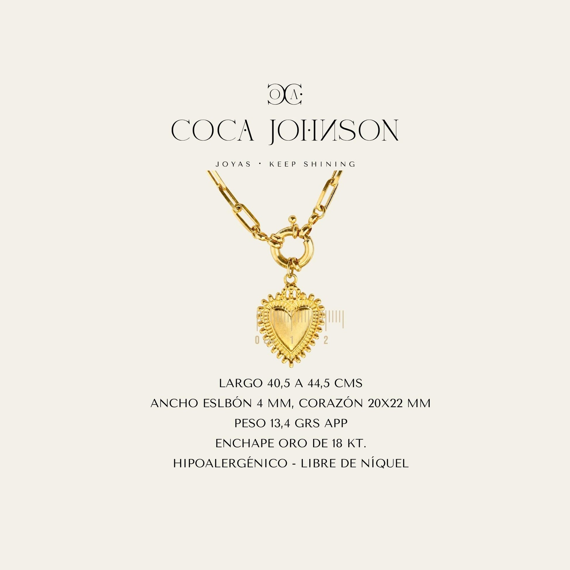 Collar de eslabones enchapado en oro de 18 Kt y colgante de corazón detente enchapado en oro de 18 kt, Ficha Tecnica resumen - Coca Johnson Joyas - Chile