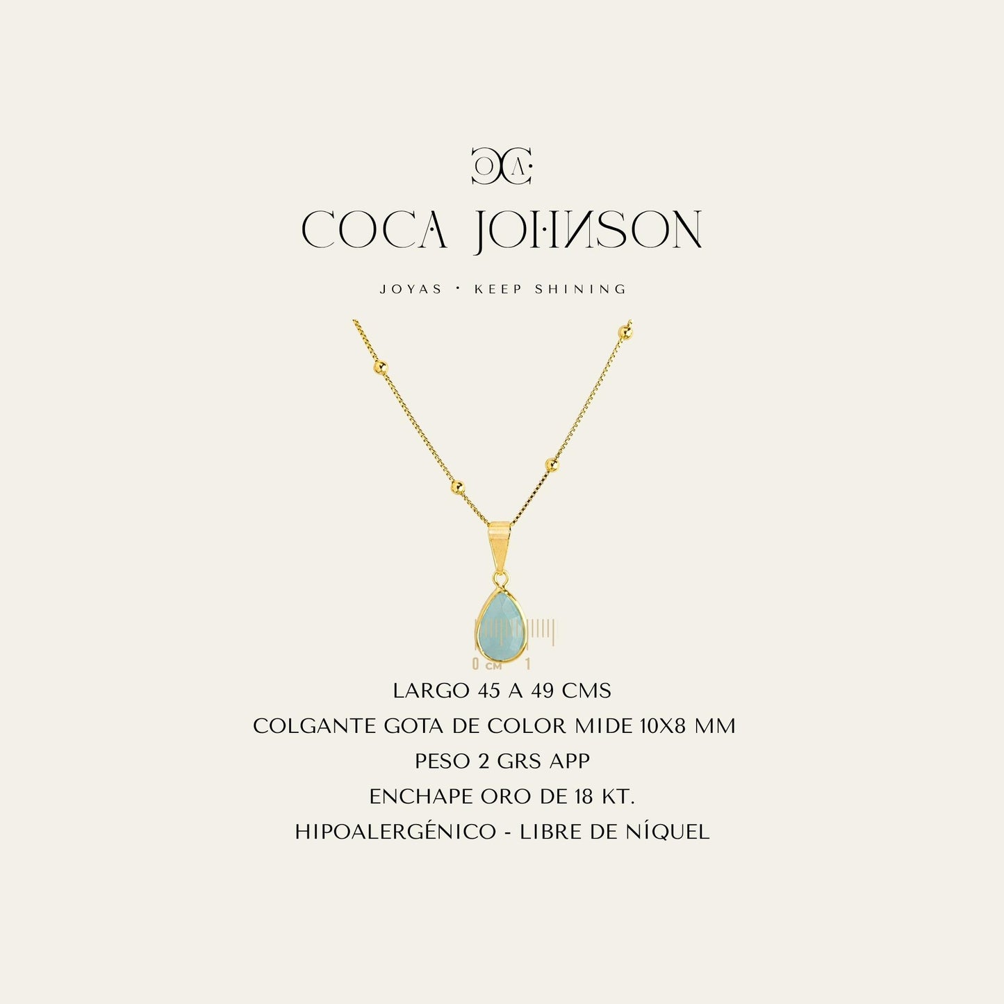 Collar_cadena enchapada en oro 18 Kt, colagante de gota _Ficha Tecnica resumen - Coca Johnson Joyas - Chile
