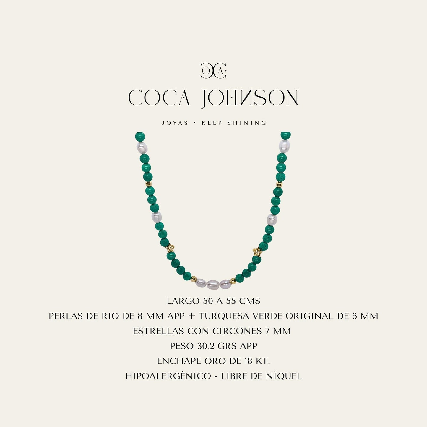 Collar de piedras turquesa verde, perlas de rio y esferas enchapado en oro de 18kt_Ficha Tecnica resumen - Coca Johnson Joyas - Chile