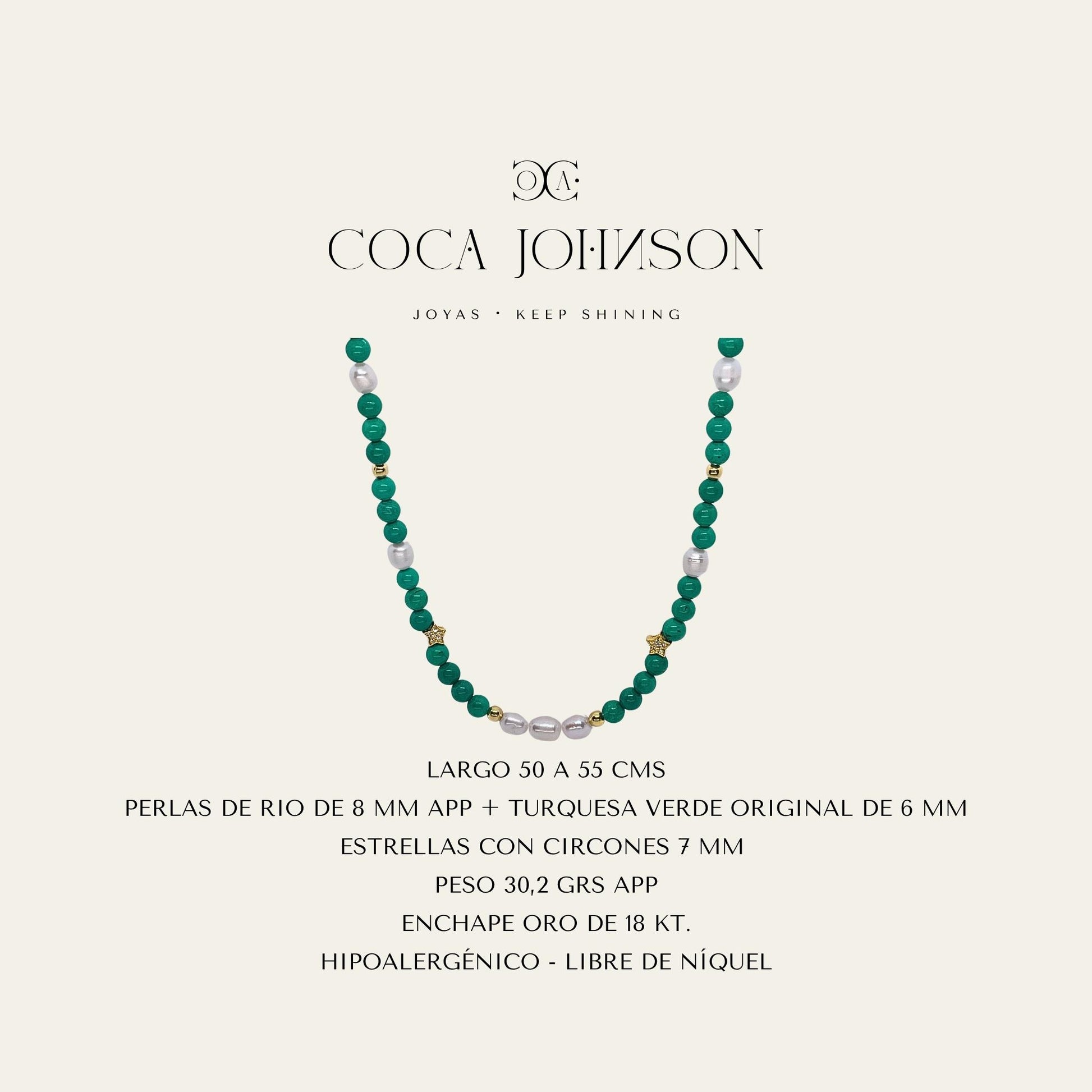 Collar de piedras turquesa verde, perlas de rio y esferas enchapado en oro de 18kt_Ficha Tecnica resumen - Coca Johnson Joyas - Chile