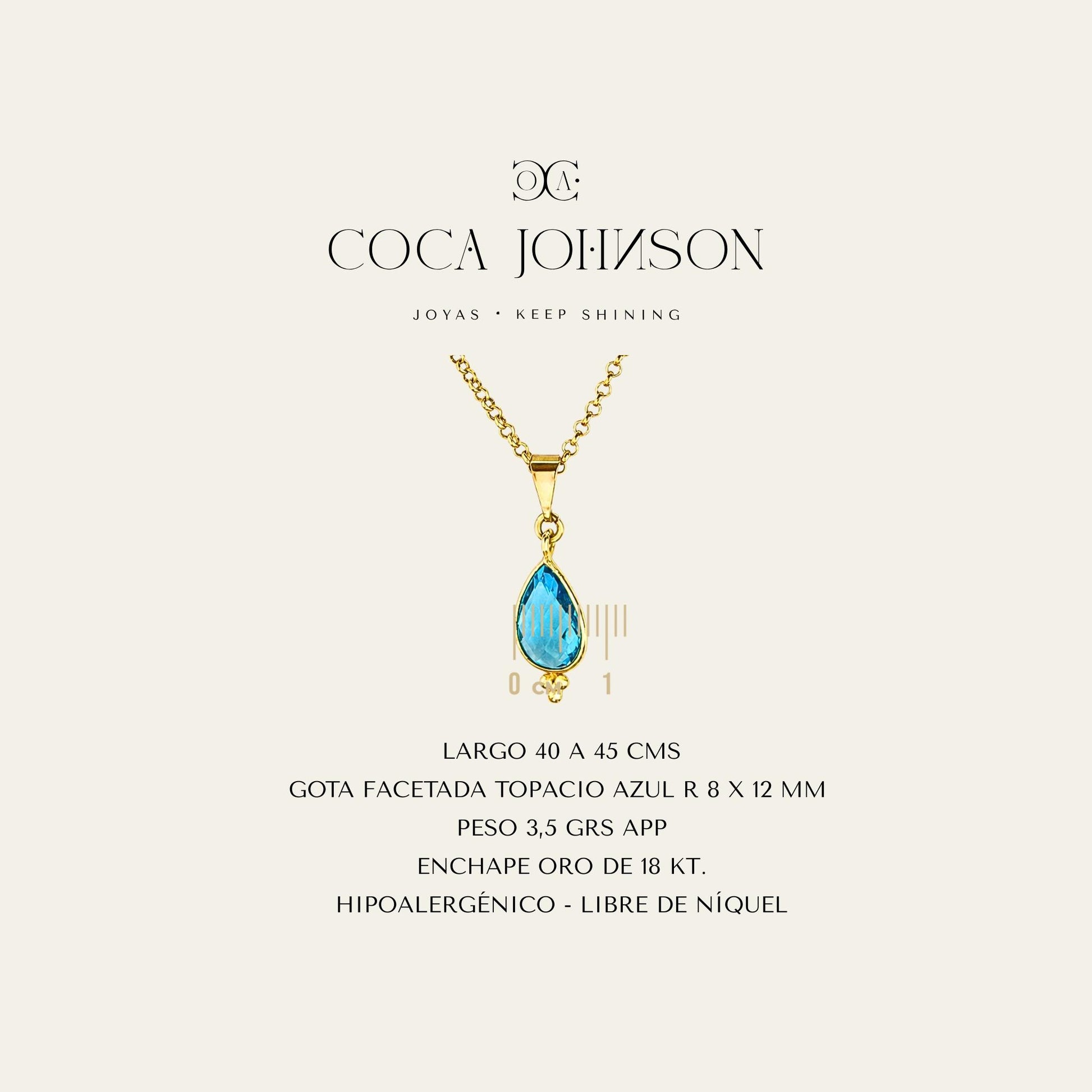 Collar_cadena enchapada en oro18 Kt, gota facetada azul claro_Ficha Tecnica resumen - Coca Johnson Joyas - Chile