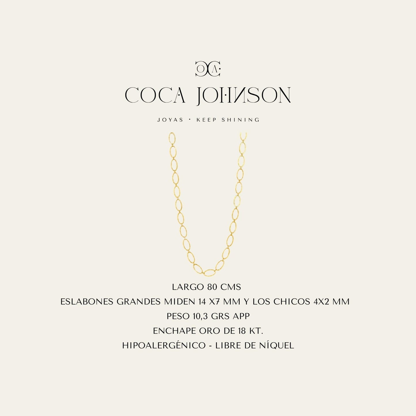 Collar largo de eslabones grandes enchapado en oro de 18 kt_Ficha Tecnica resumen - Coca Johnson Joyas - Chile