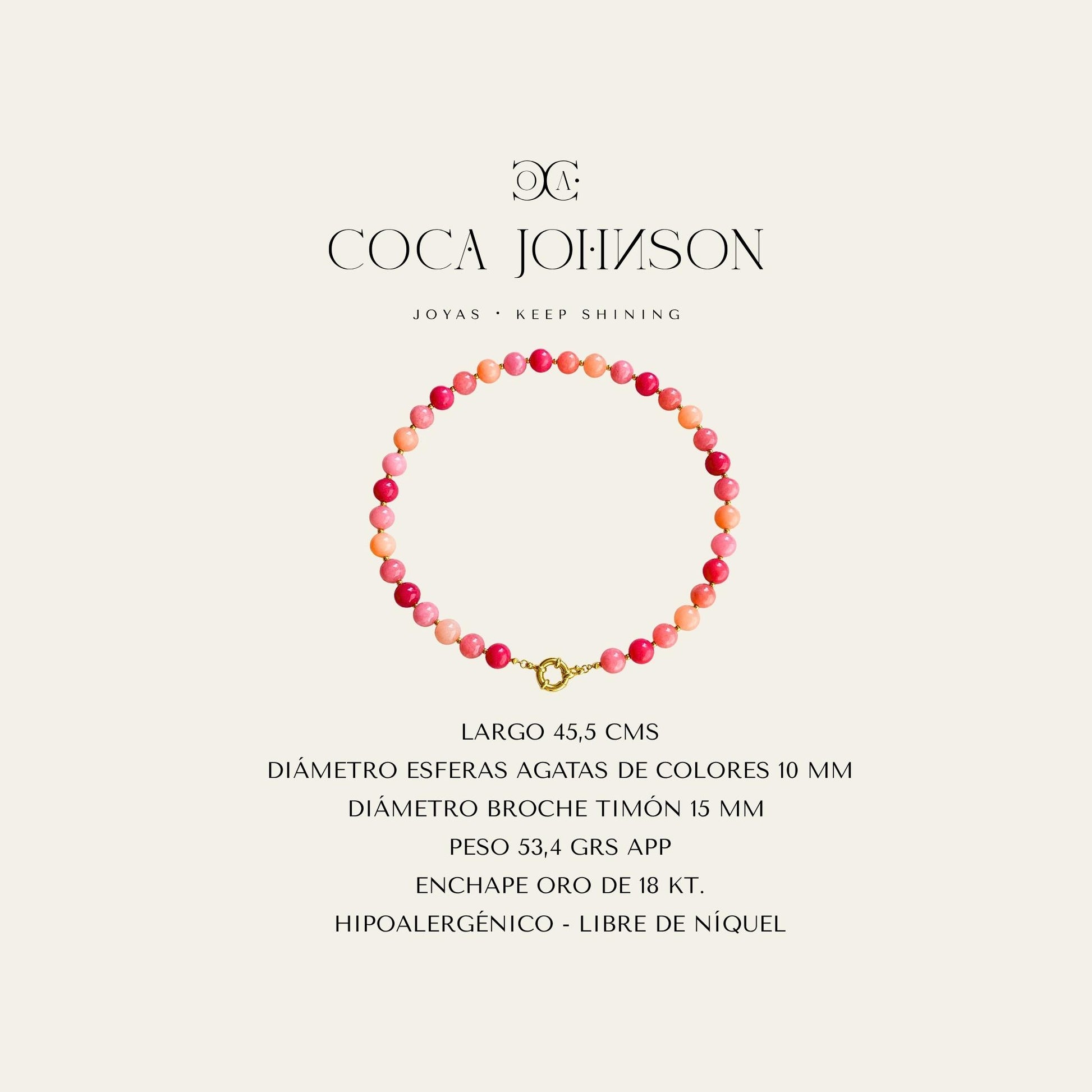 Collar con agatas de colores peonies enchapado en oro de 18 kt, ficha tecnica resumen -  Coca Johnson Joyas - Chile