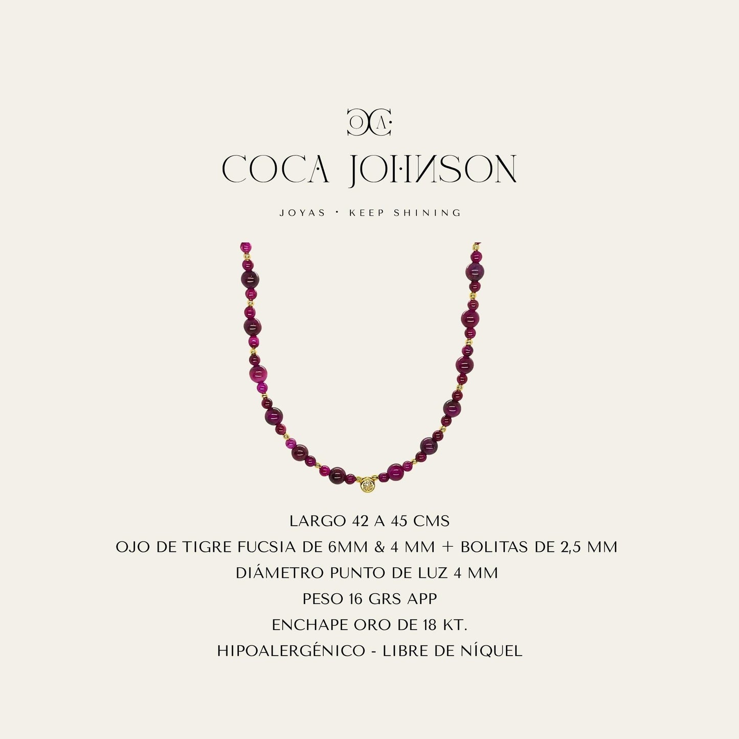 Collar de piedra ojo de tigre fucsia y esferas enchapados en oro de 18kt, Ficha Tecnica resumen - Coca Johnson Joyas - Chile