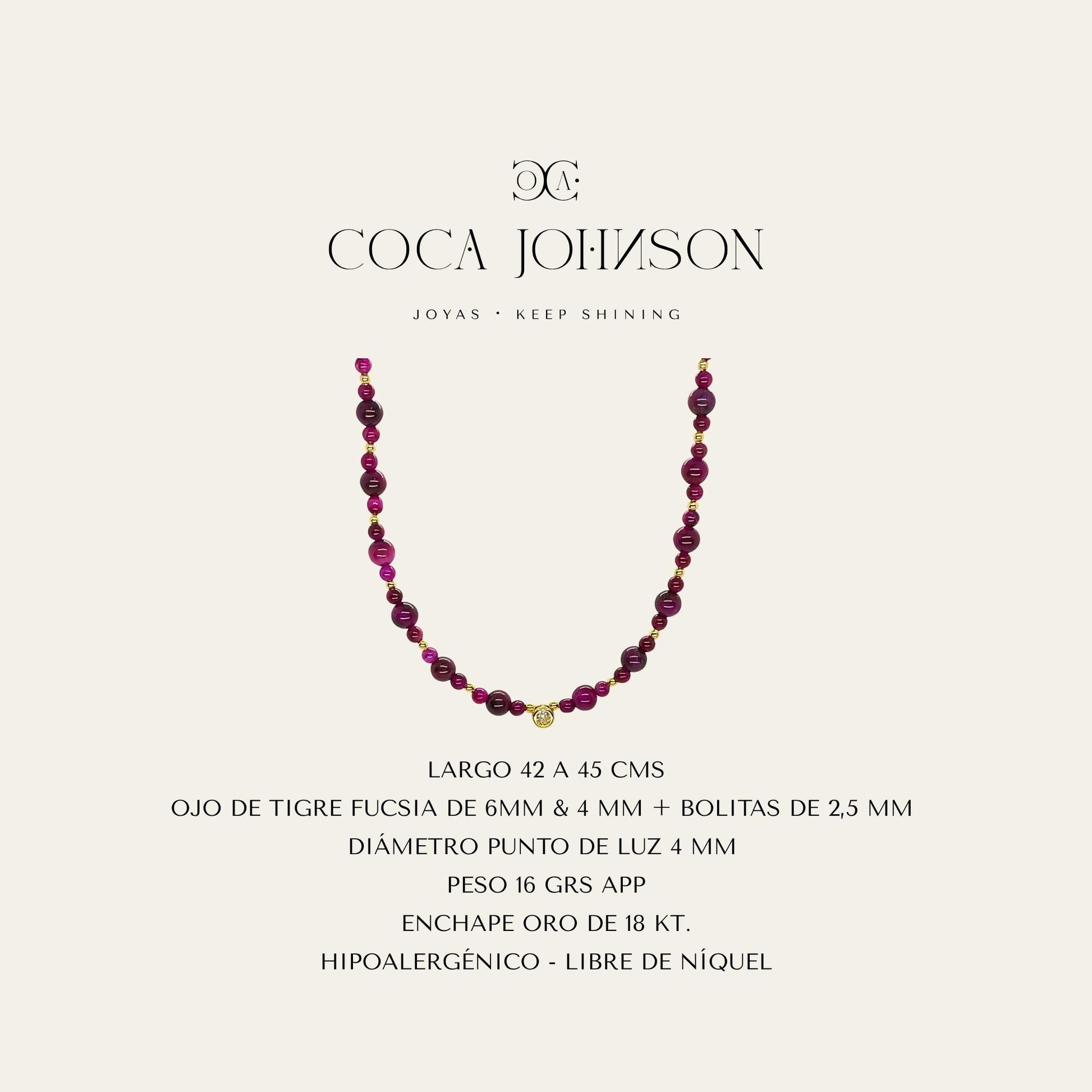 Collar de piedra ojo de tigre fucsia y esferas enchapados en oro de 18kt, Ficha Tecnica resumen - Coca Johnson Joyas - Chile