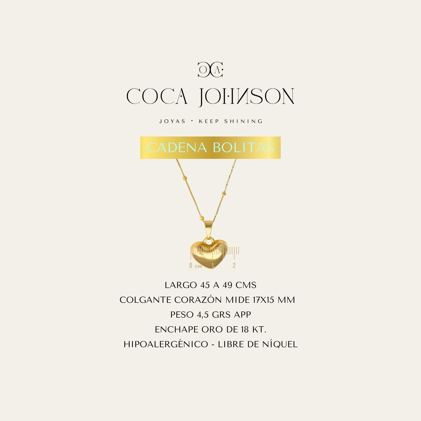 Collar_cadena con bolitas enchapada en oro 18 Kt, colagante de corazón enchapado en oro de 18kt_Ficha Tecnica resumen - Coca Johnson Joyas - Chile