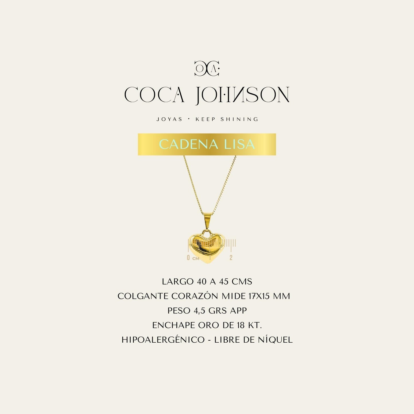 Collar_cadena enchapada en oro 18 Kt, colagante de corazón enchapado en oro de 18kt _Ficha Tecnica resumen - Coca Johnson Joyas - Chile