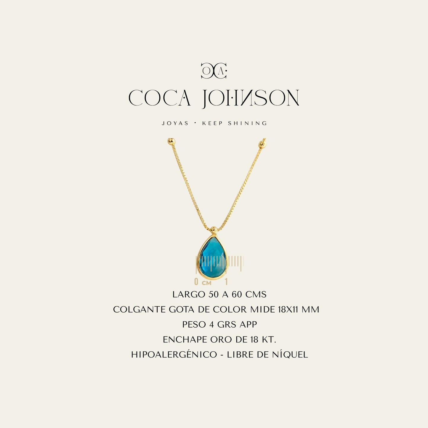 Collar_cadena enchapada en oro 18 Kt, colagante de gota facetada azul enchapado en oro de 18kt _Ficha Tecnica resumen - Coca Johnson Joyas - Chile