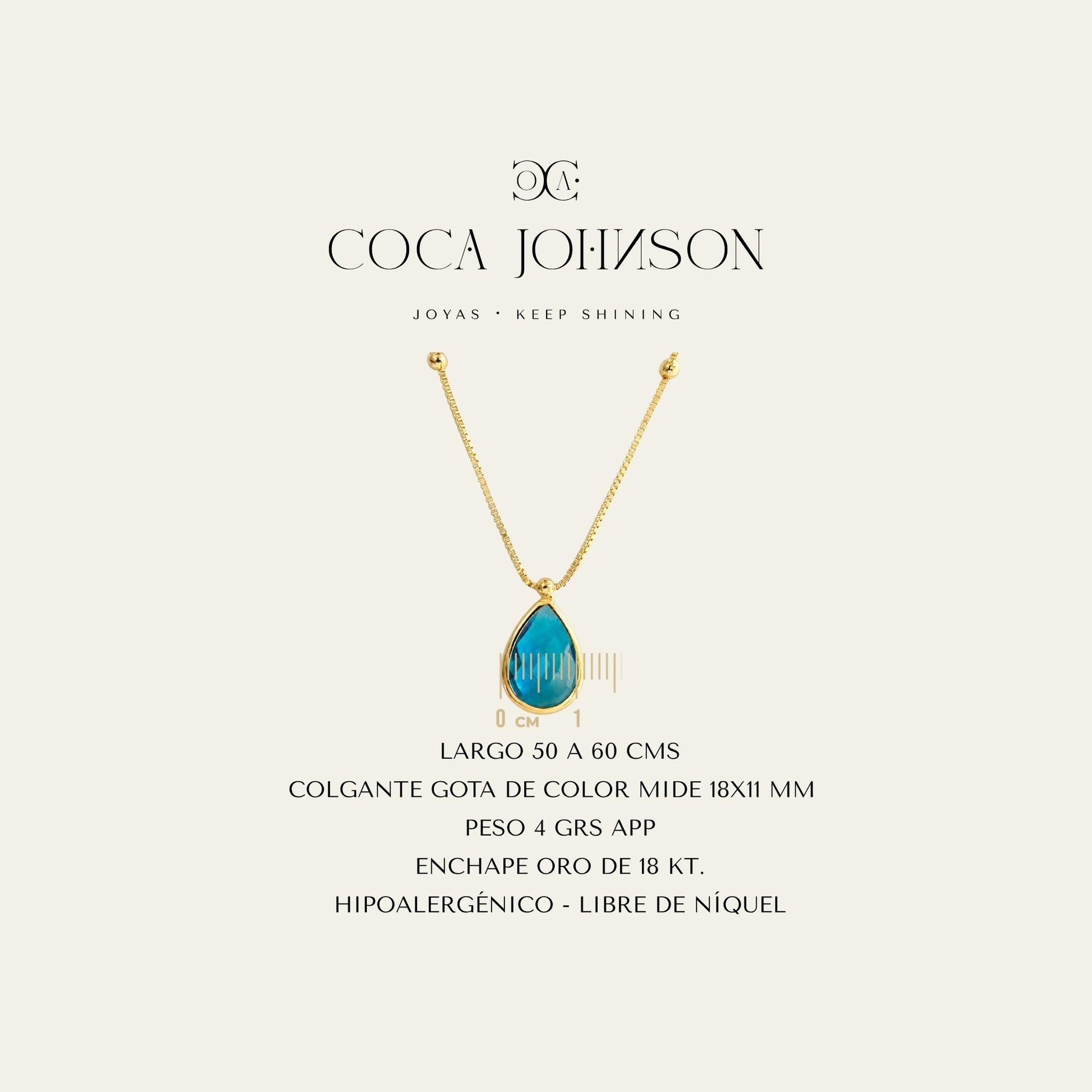 Collar_cadena enchapada en oro 18 Kt, colagante de gota facetada azul enchapado en oro de 18kt _Ficha Tecnica resumen - Coca Johnson Joyas - Chile