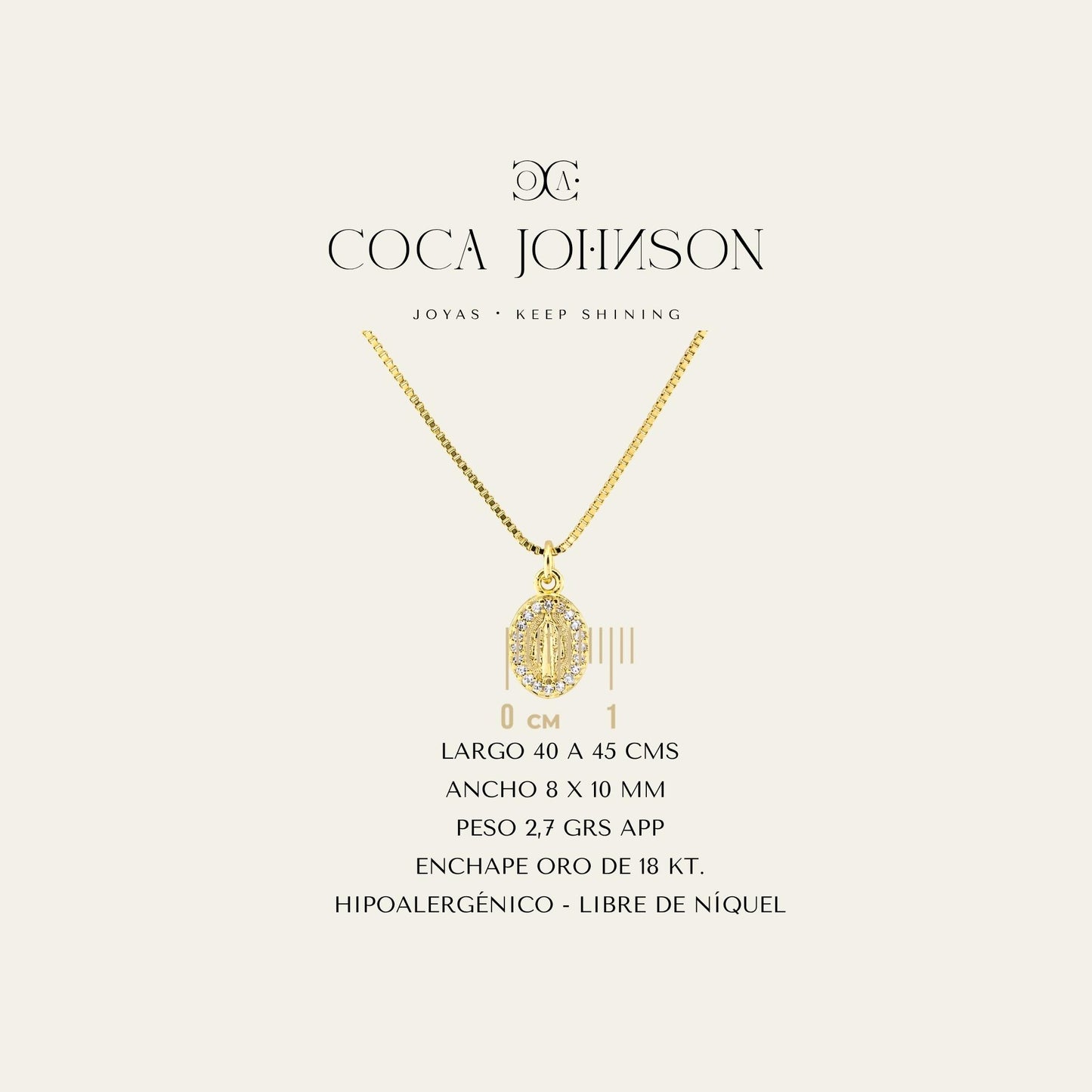 Collar_cadena enchapada en oro 18 Kt, colagante con virgen de los rayos rodeada de circones_Ficha Tecnica resumen - Coca Johnson Joyas - Chile