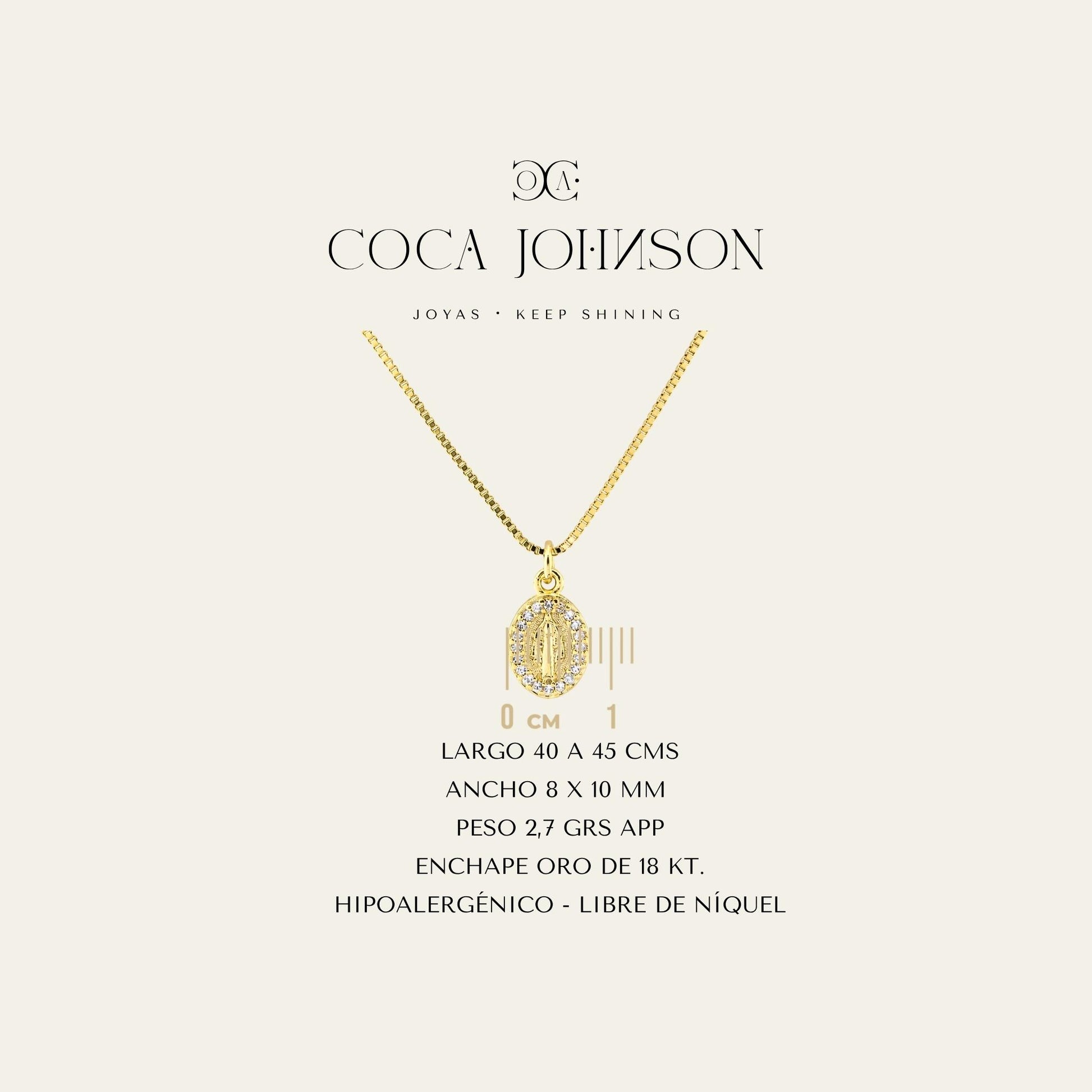 Collar_cadena enchapada en oro 18 Kt, colagante con virgen de los rayos rodeada de circones_Ficha Tecnica resumen - Coca Johnson Joyas - Chile