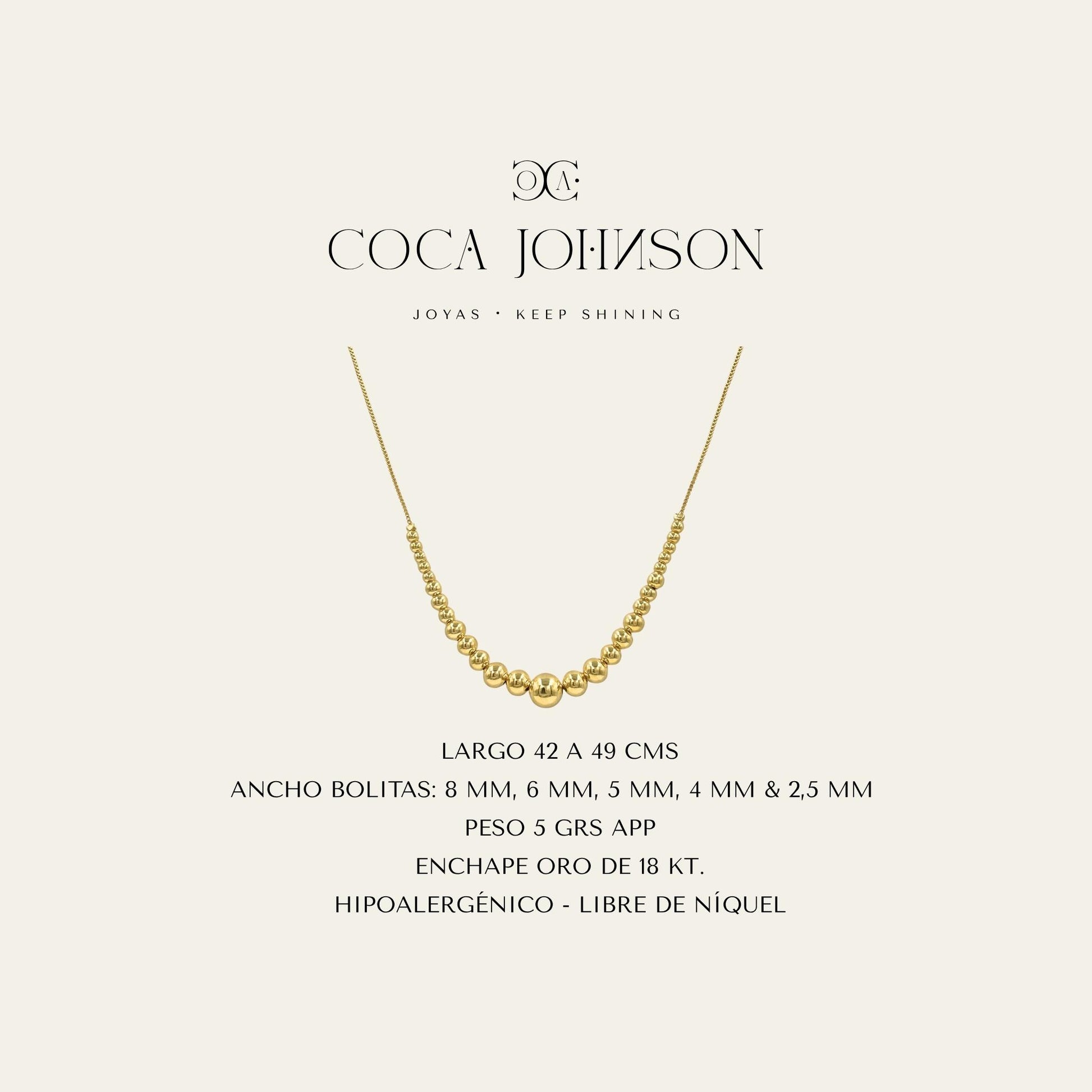 Collar de esferas de diferente tamaño, enchapado en oro de 18kt_Ficha Tecnica resumen - Coca Johnson Joyas - Chile
