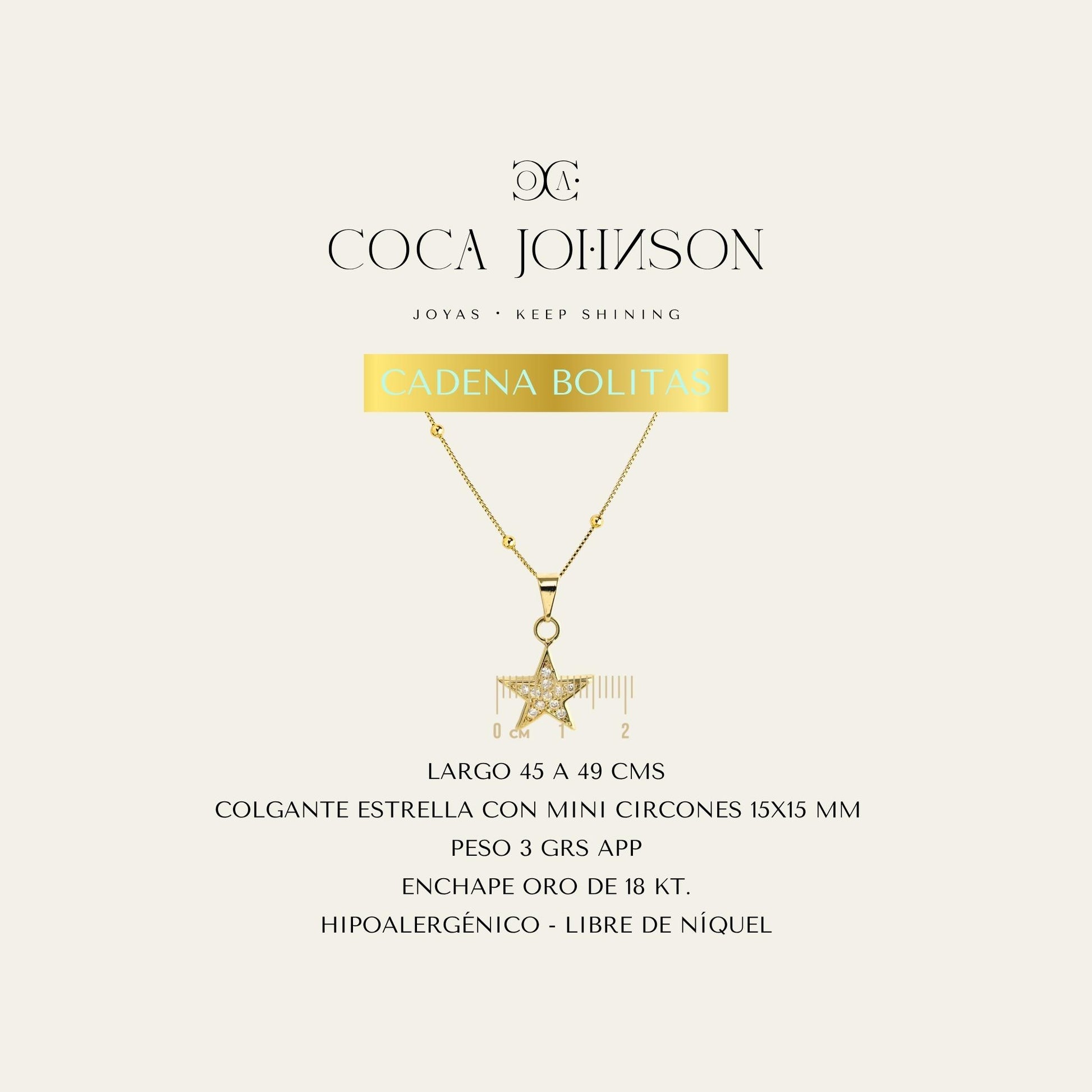Collar_cadena con bolitas enchapada en oro 18 Kt, colagante de estrella con circones _Ficha Tecnica resumen - Coca Johnson Joyas - Chile