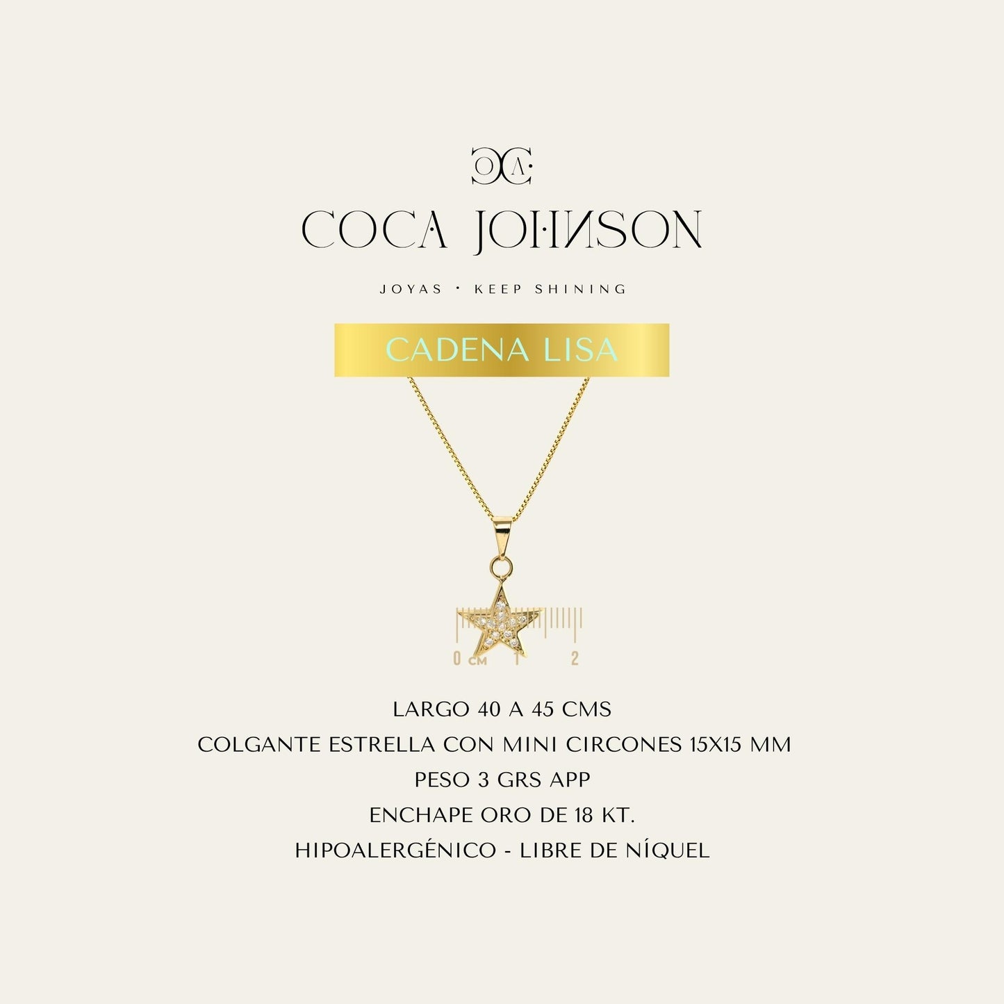 Collar_cadena enchapada en oro 18 Kt, colagante de estrella con circones _Ficha Tecnica resumen - Coca Johnson Joyas - Chile