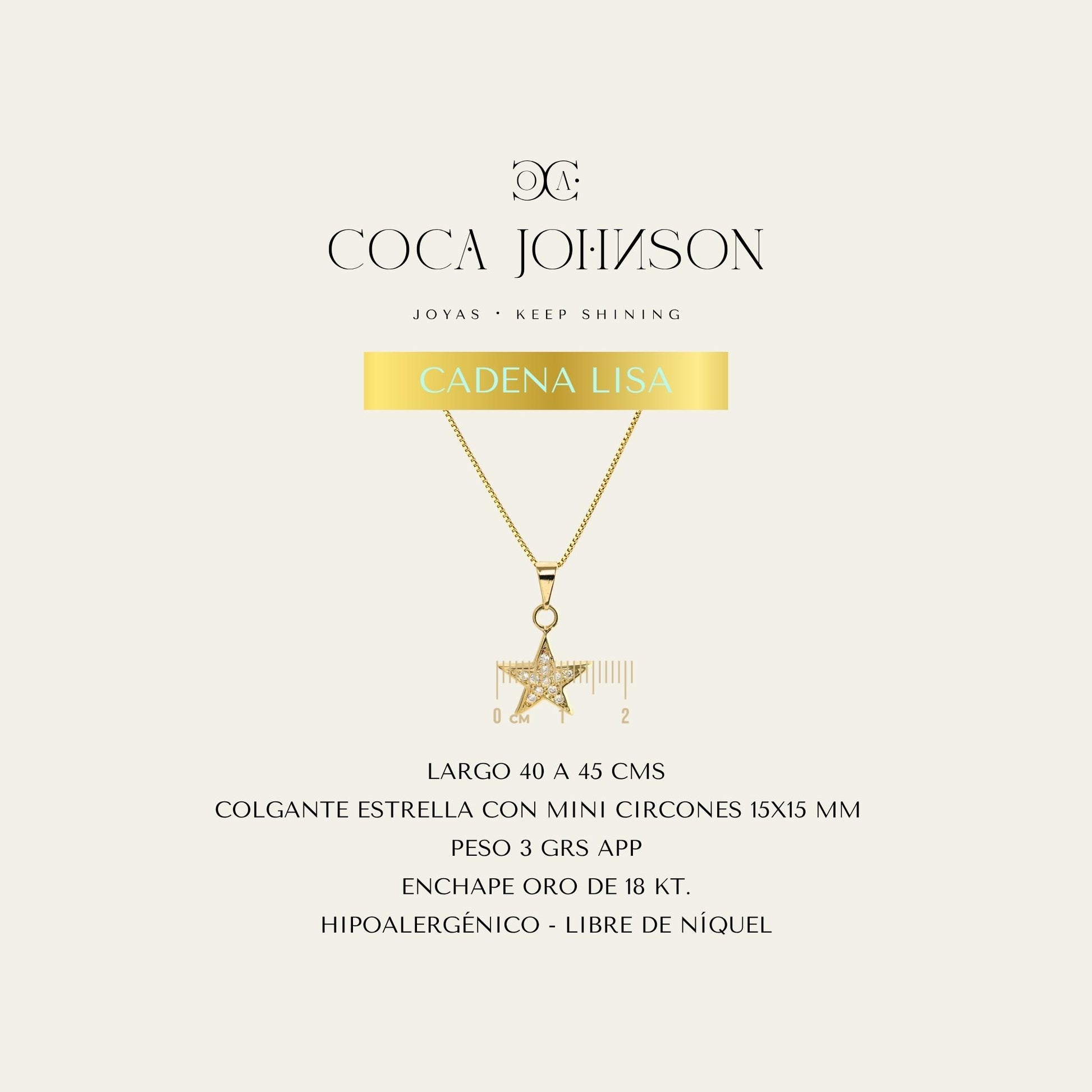 Collar_cadena enchapada en oro 18 Kt, colagante de estrella con circones _Ficha Tecnica resumen - Coca Johnson Joyas - Chile