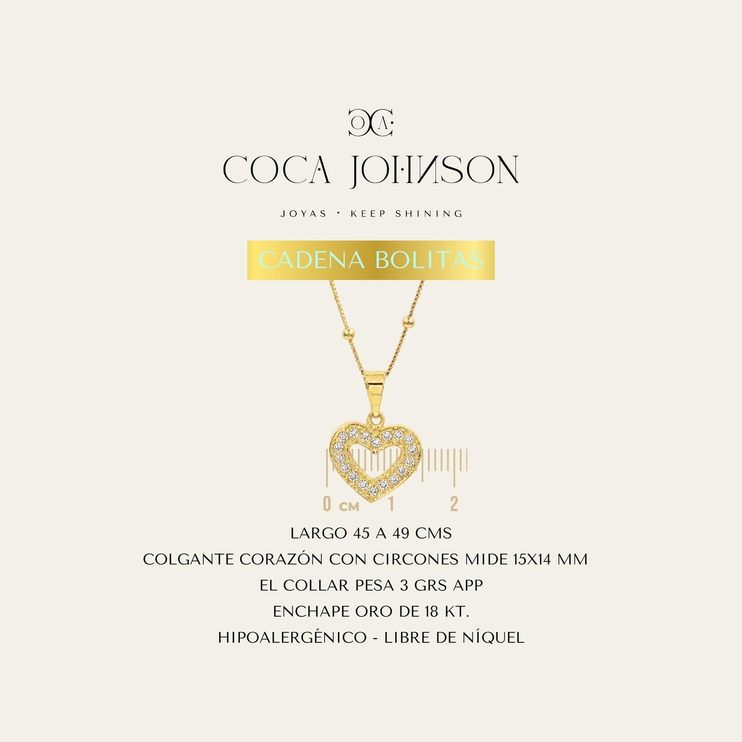Collar_cadena con bolitas enchapada en oro 18 Kt, colagante de corazón con circones _Ficha Tecnica resumen - Coca Johnson Joyas - Chile