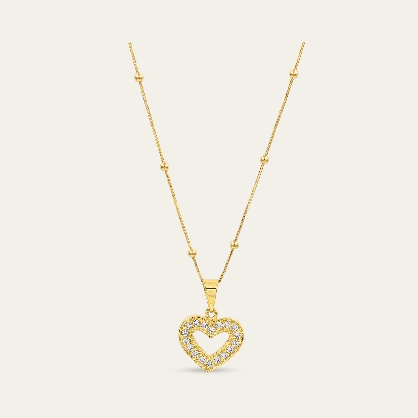 Collar_cadena bolitas en oro 18 Kt, colagante de corazón con circones  - Coca Johnson Joyas - Chile