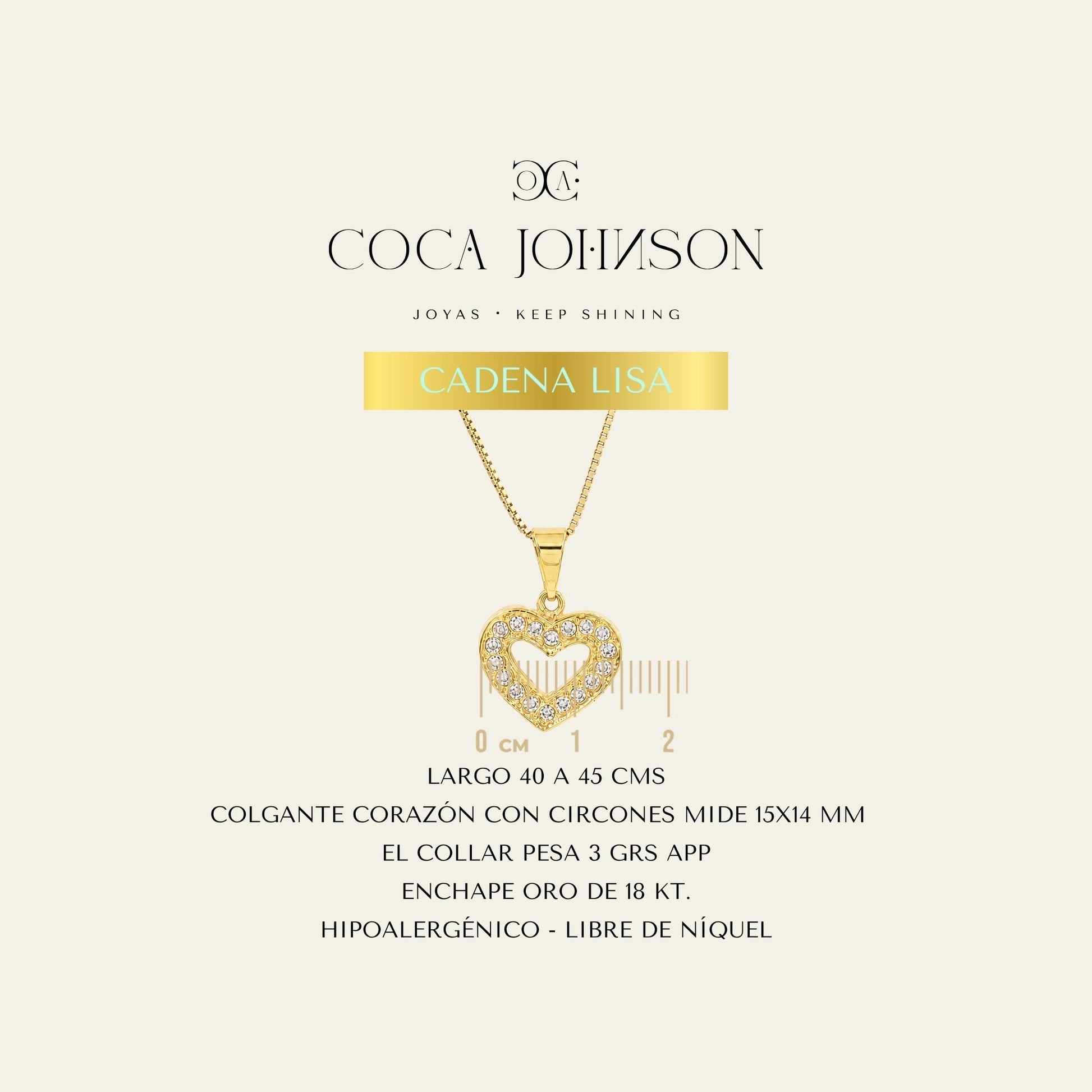 Collar_cadena enchapada en oro 18 Kt, colagante de corazón con circones _Ficha Tecnica resumen - Coca Johnson Joyas - Chile