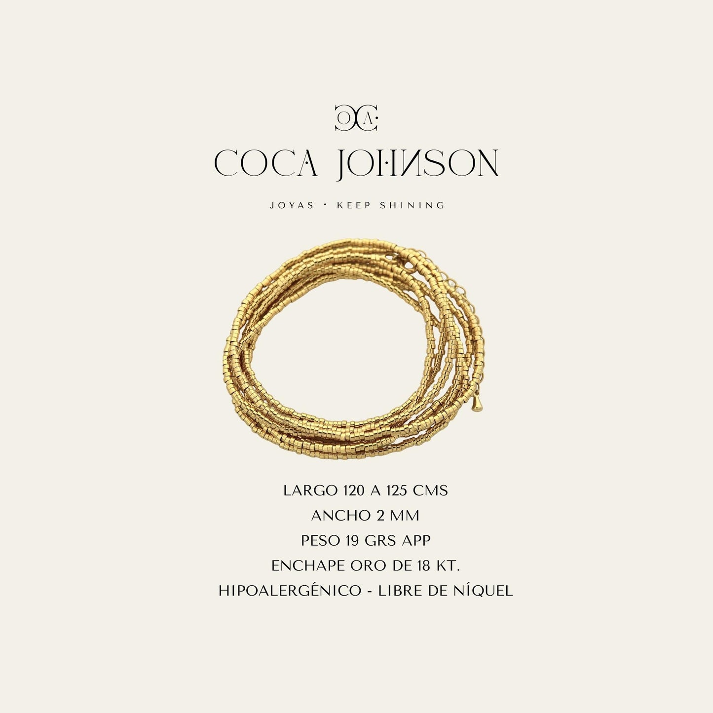 Collar de mostacillas enchapado en oro de 18 kt de 120 cms de largo_Ficha Tecnica resumen - Coca Johnson Joyas - Chile