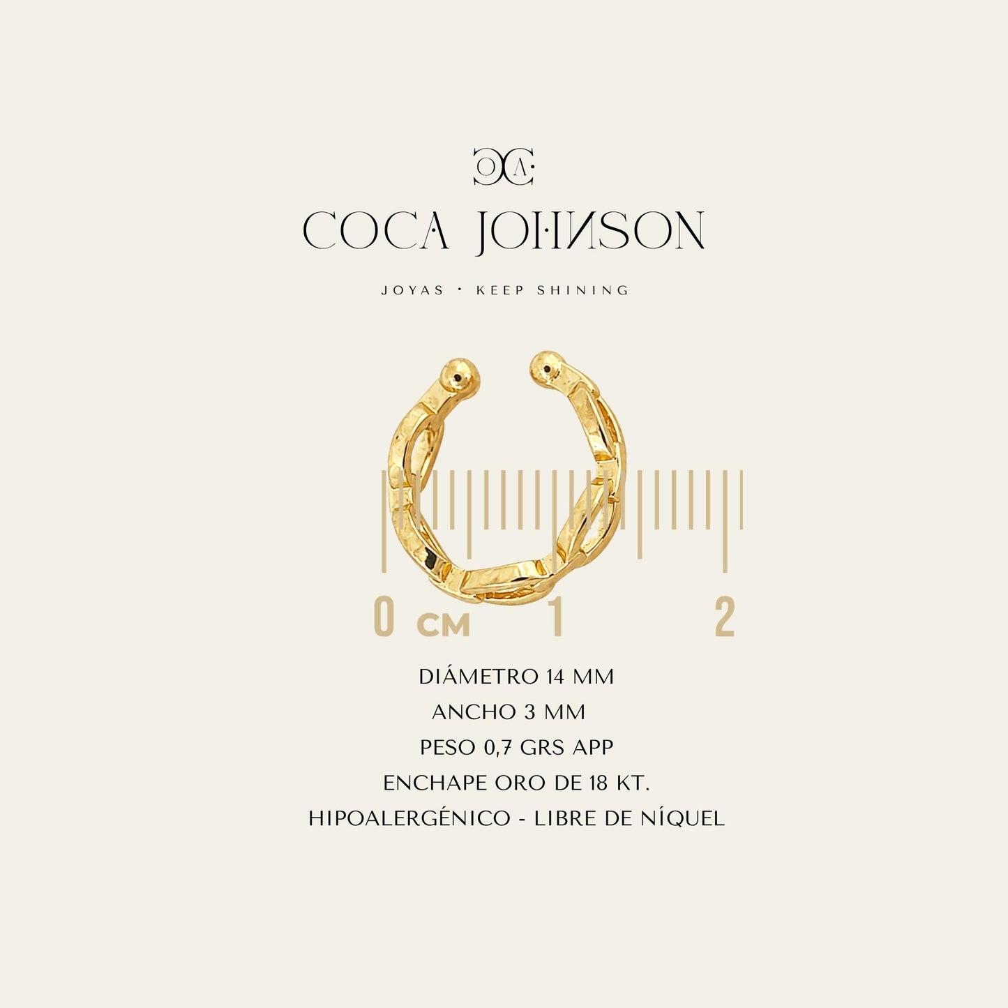 Ear cuff con forma de cadena enchapado en oro de 18 kt, resumen de caracteristicas tecnicas - Coca Johnson Joyas - Chile