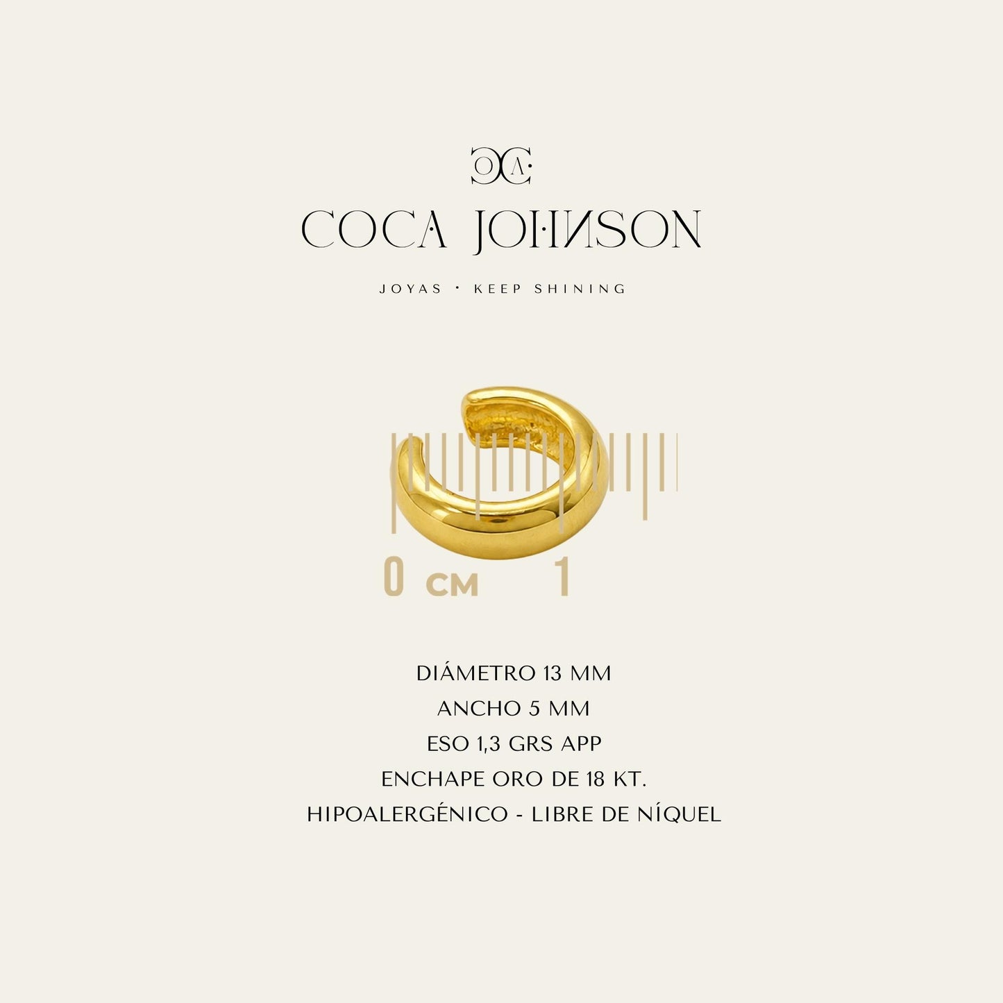 Ear cuff liso enchapado en oro de 18 kt, resumen de caracteristicas tecnicas - Coca Johnson Joyas - Chile