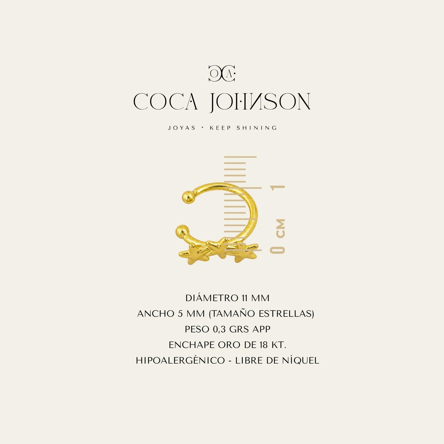 Ear cuff con tres estrellas, enchapado en oro de 18 kt, resumen de caracteristicas tecnicas - Coca Johnson Joyas - Chile