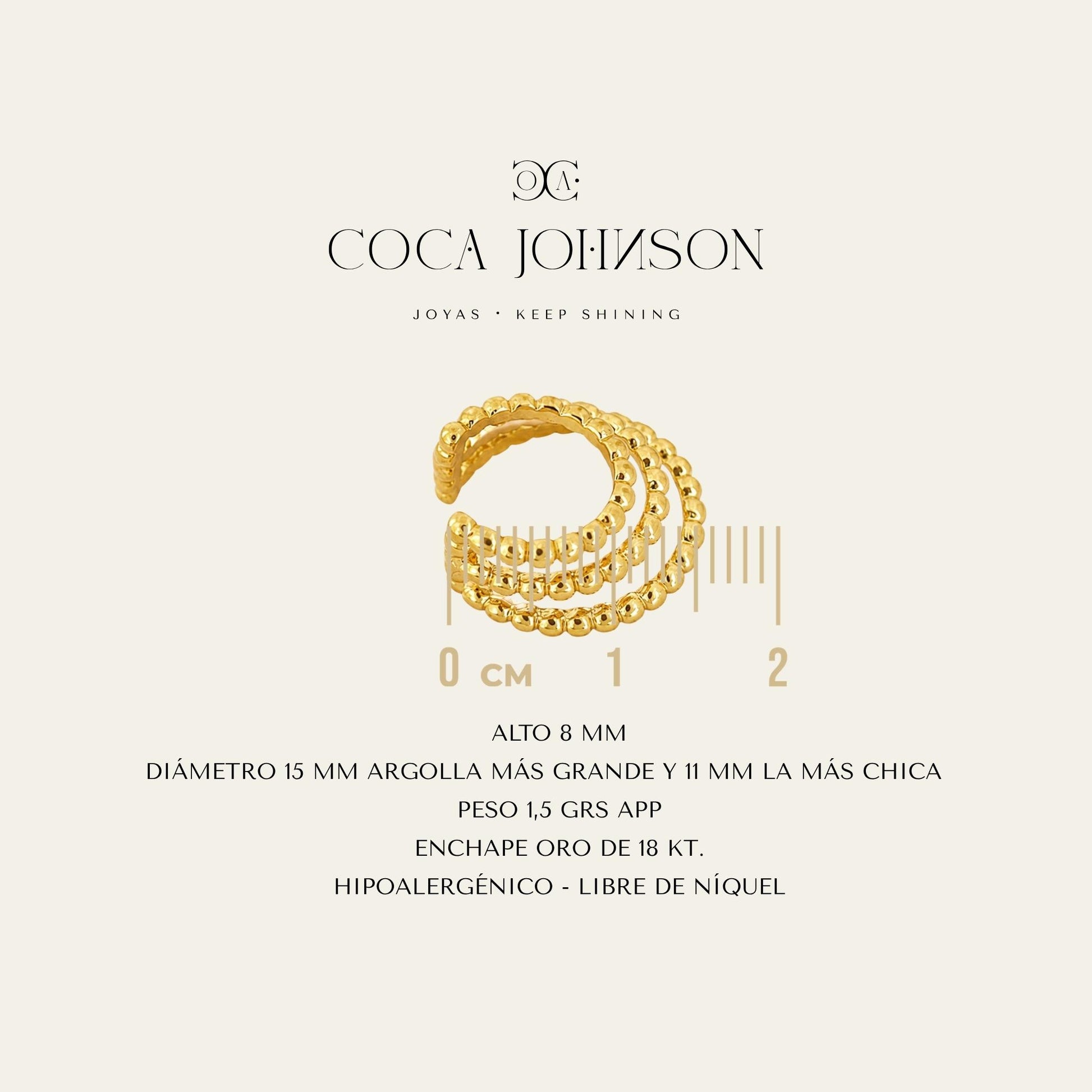 Ear cuff de tres corridas enchapado en oro de 18 kt, resumen de caracteristicas tecnicas - Coca Johnson Joyas - Chile