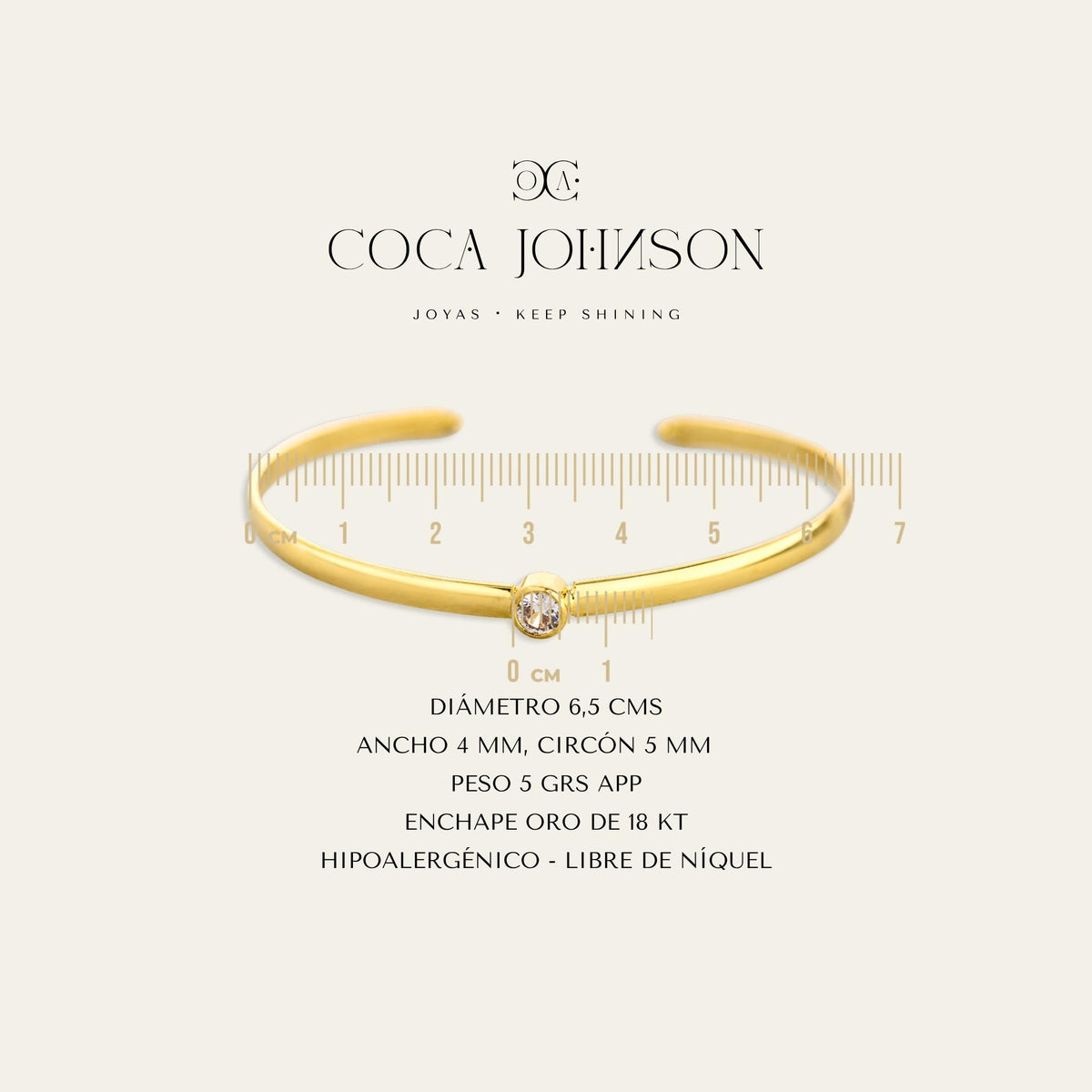 Ficha tecnica de esclava con cinrcón central enchapada en oro de 18kt - Coca Johnson Joyas - Chile