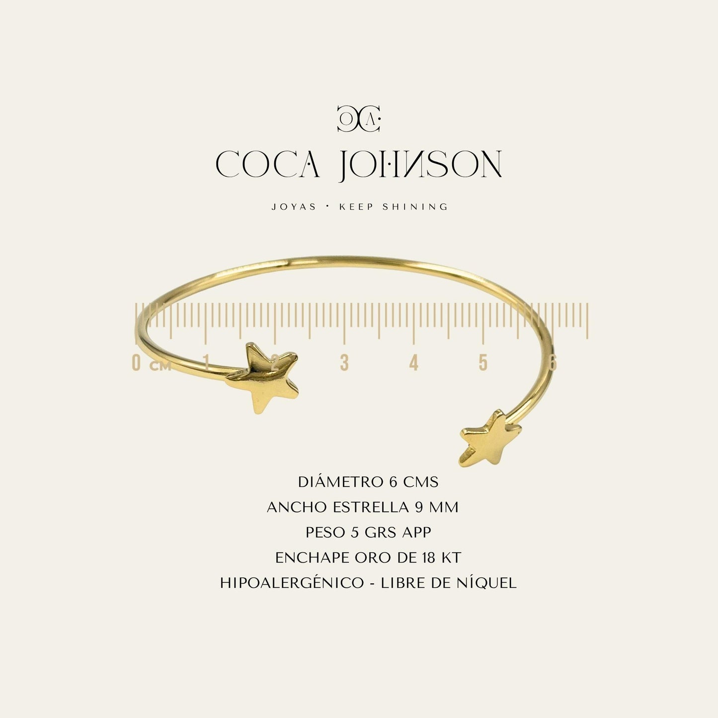 Ficha tecnica de esclava con estrella en las puntas, enchapada en oro de 18kt  - Coca Johnson Joyas - Chile