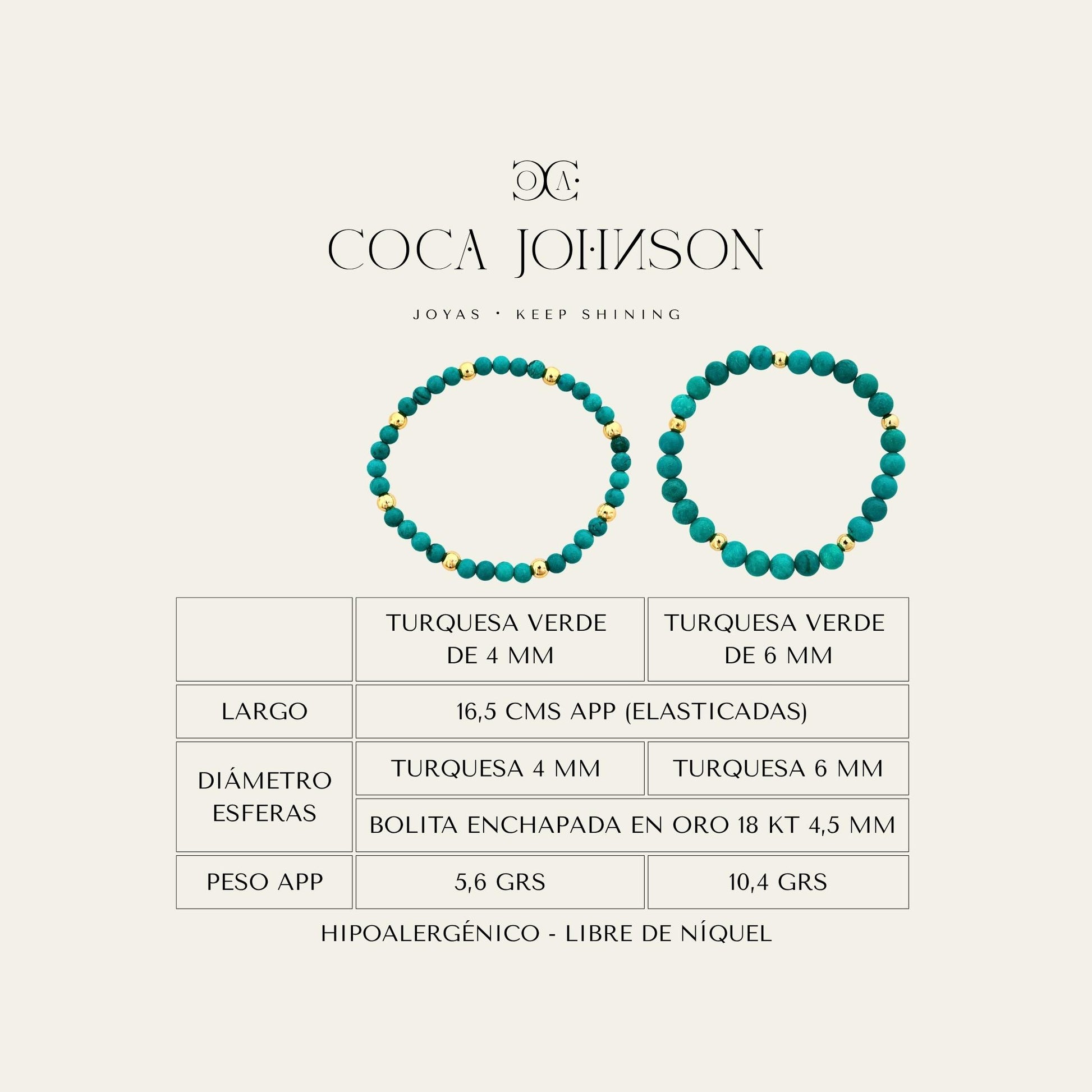 Pulsera de piedra natural turquesa verde y esferas enchapados en oro de 18 Kt, Ficha Tecnica resumen - Coca Johnson Joyas - Chile