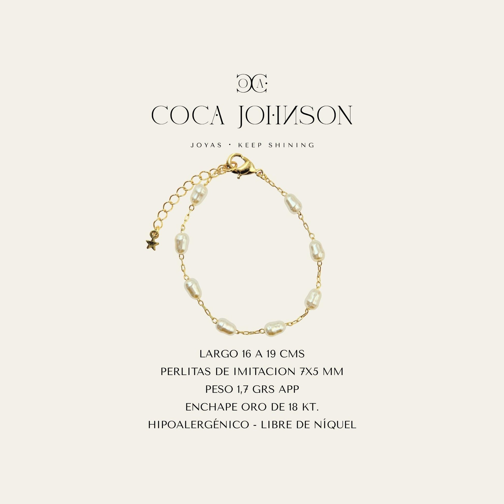 Ficha tecnica resumen para pulsera de perlitas enchapada en oro de 18kt - Coca Johnson Joyas - Chile