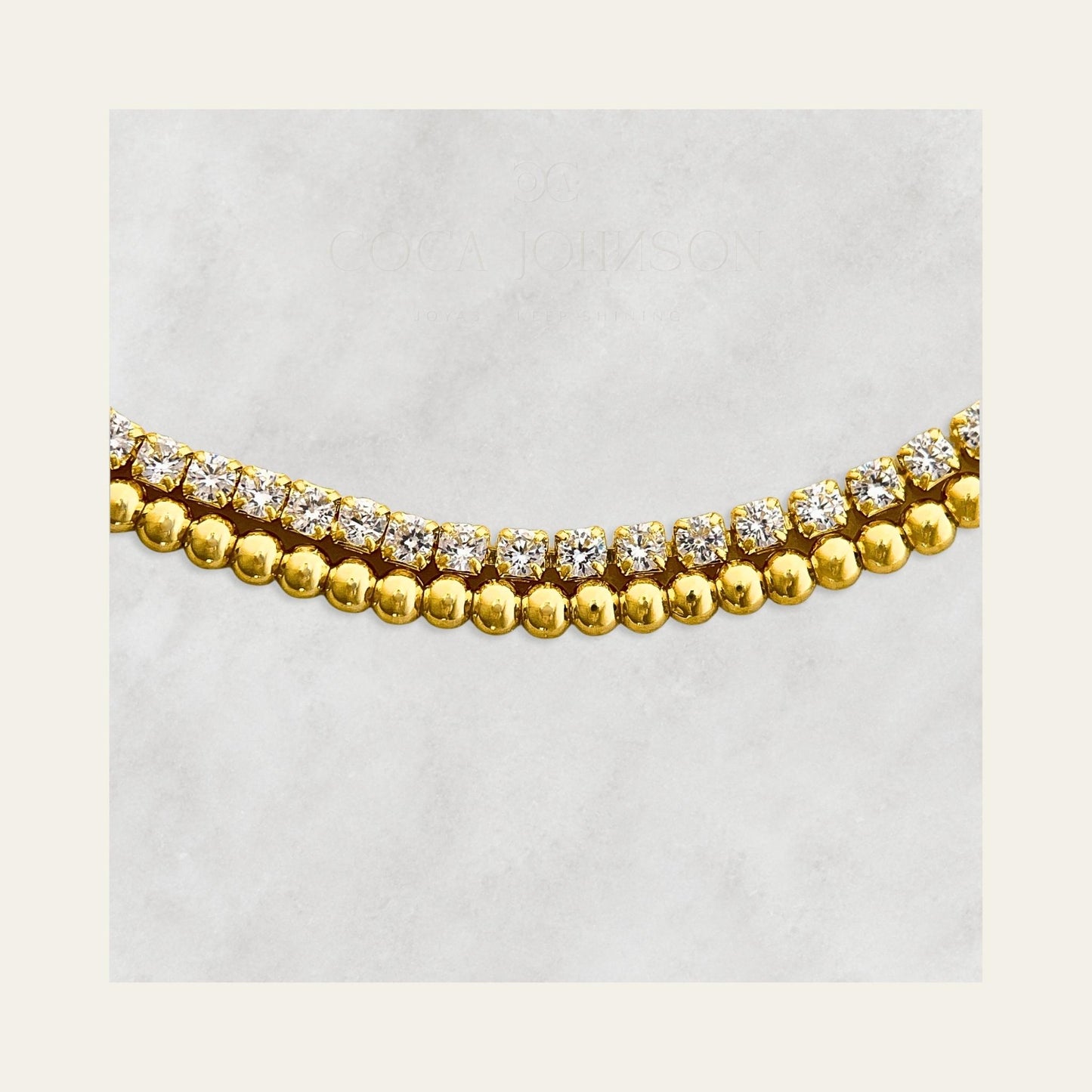 Pulsera doble con circones enchapada en oro de 18kt, detalle de la pulsera  - Coca Johnson Joyas - Chile