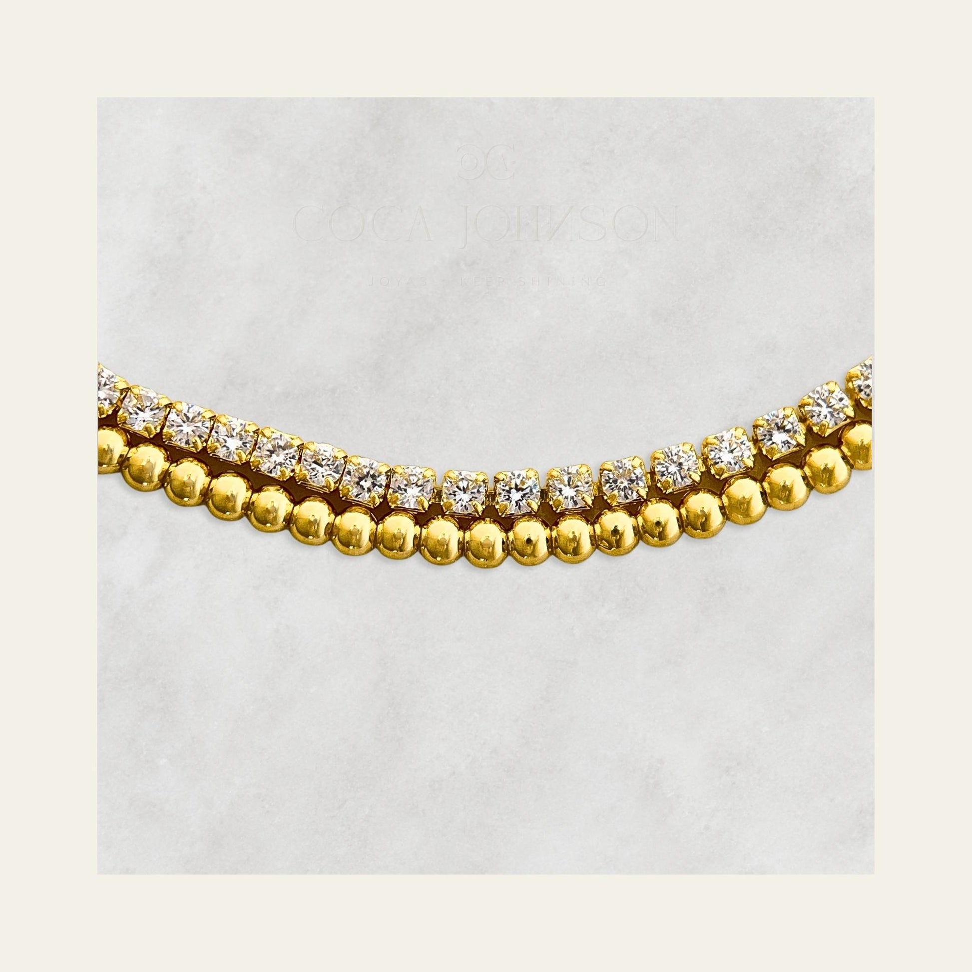 Pulsera doble con circones enchapada en oro de 18kt, detalle de la pulsera  - Coca Johnson Joyas - Chile