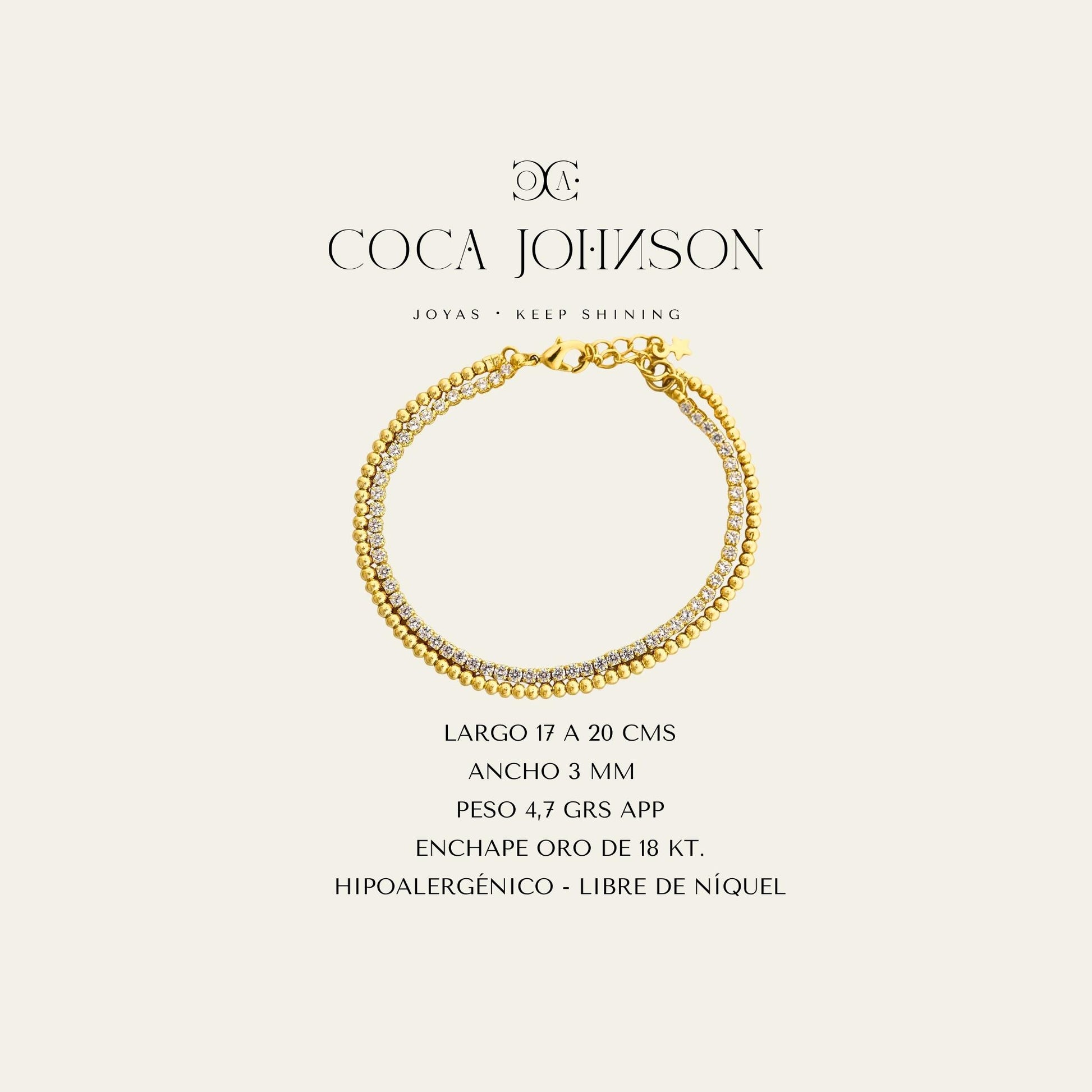Ficha tecnica con pulsera doble con circones enchapada en oro de 18kt  - Coca Johnson Joyas - Chile