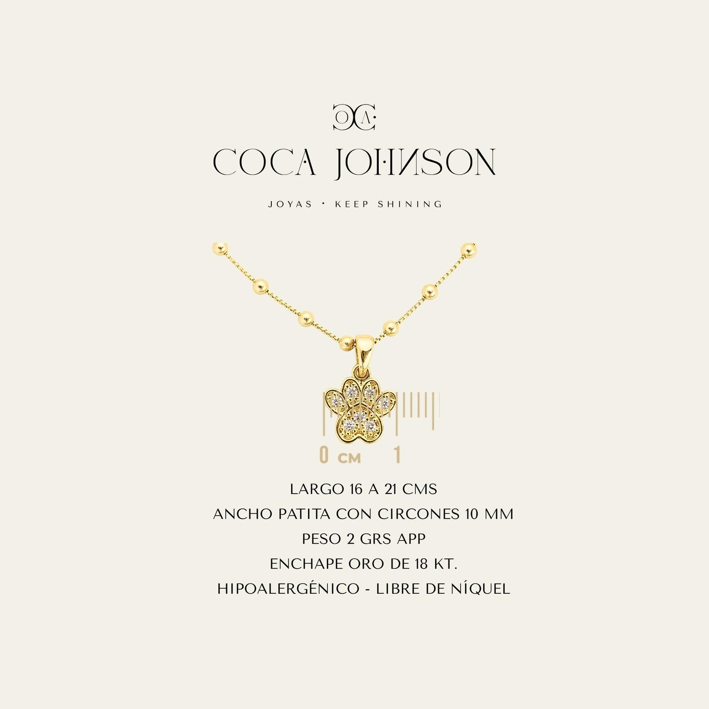 Ficha tecnica de pulsera con charm de patita de perro y circones,  enchapada en oro de 18kt- Coca Johnson Joyas - Chile