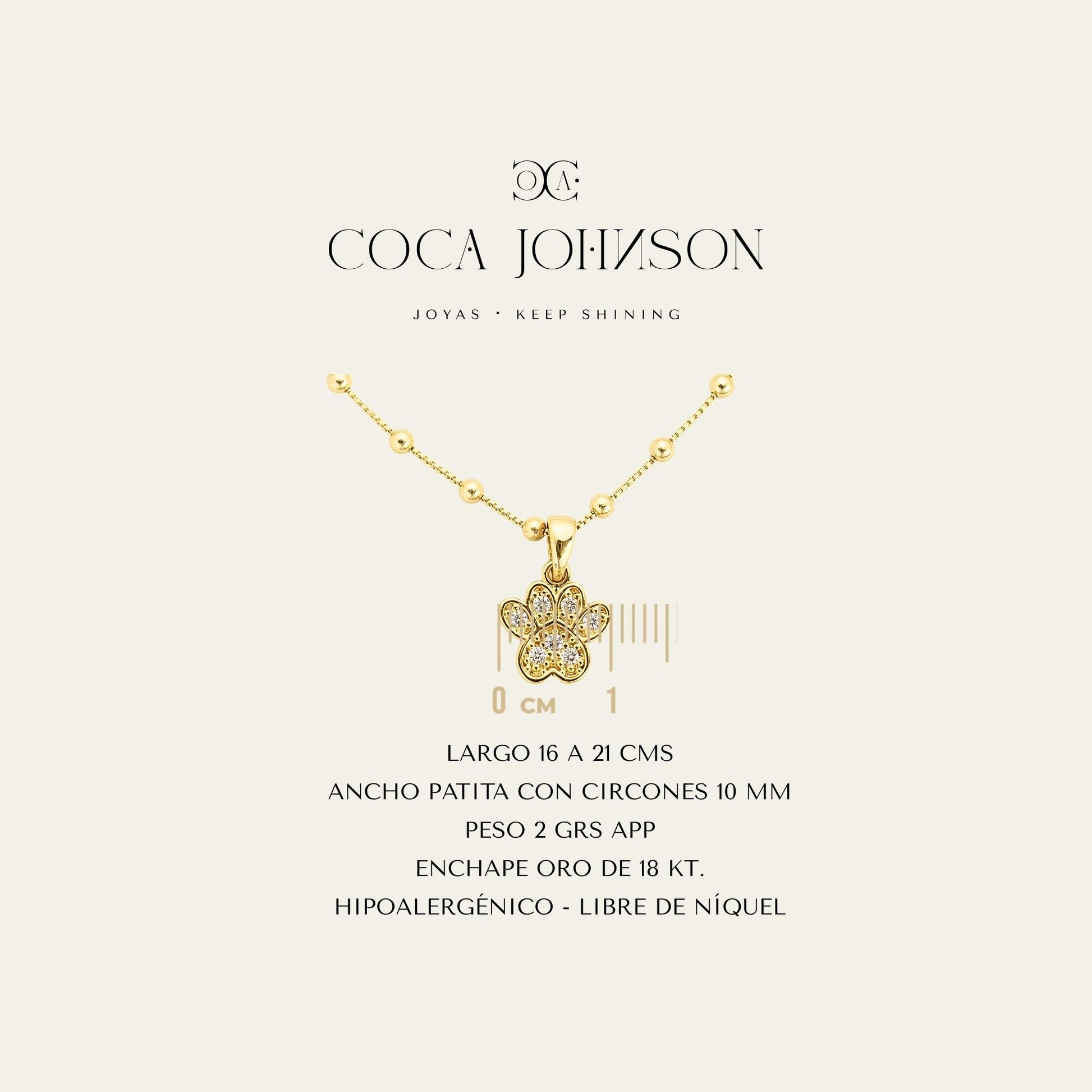 Ficha tecnica de pulsera con charm de patita de perro y circones,  enchapada en oro de 18kt- Coca Johnson Joyas - Chile
